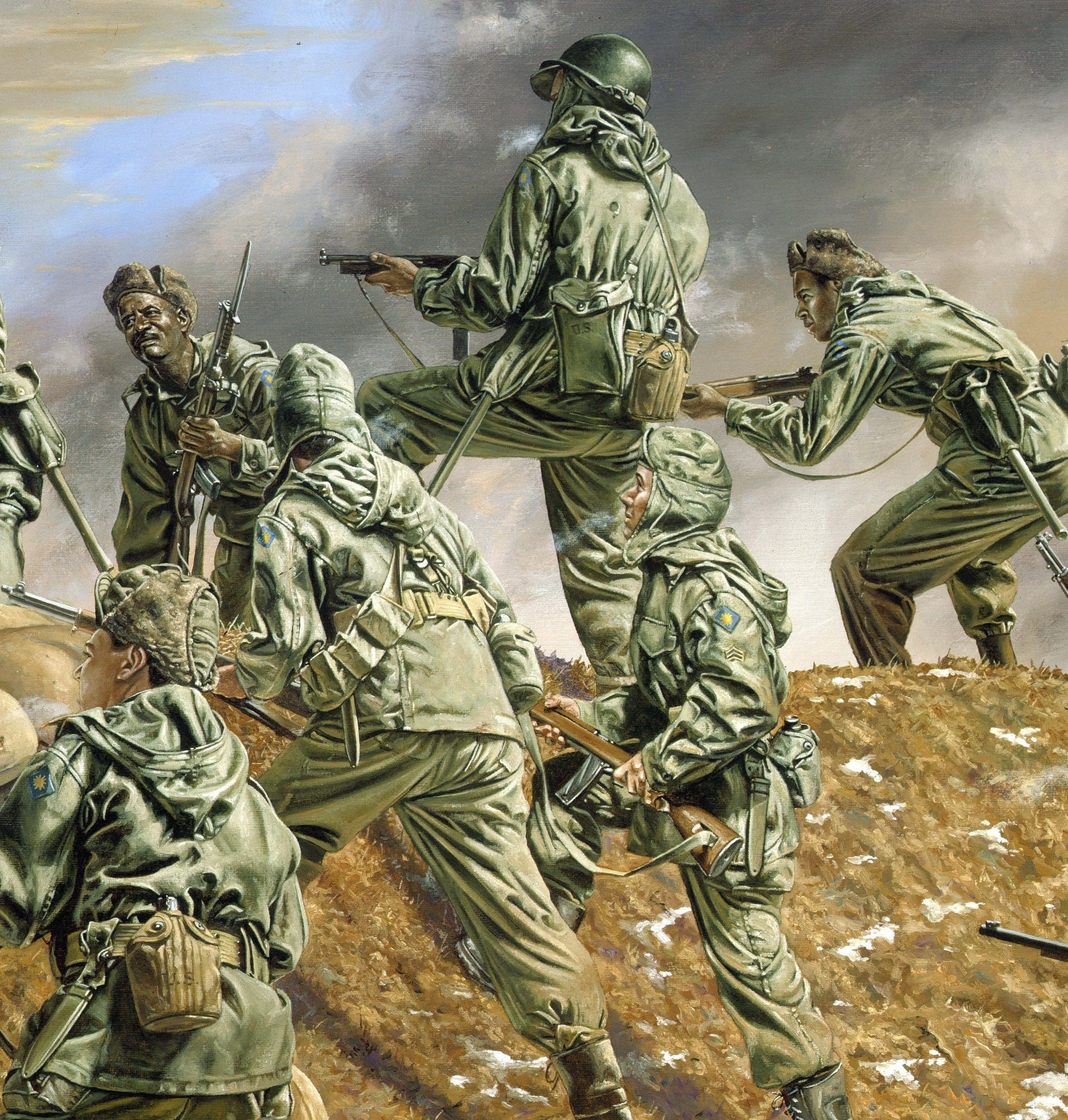 North Korea 桌布 壁紙 — 身穿橄欖綠軍裝的士兵在煙霧和灰塵中向山上推進，這是一幅粗獷的戰時插圖。
