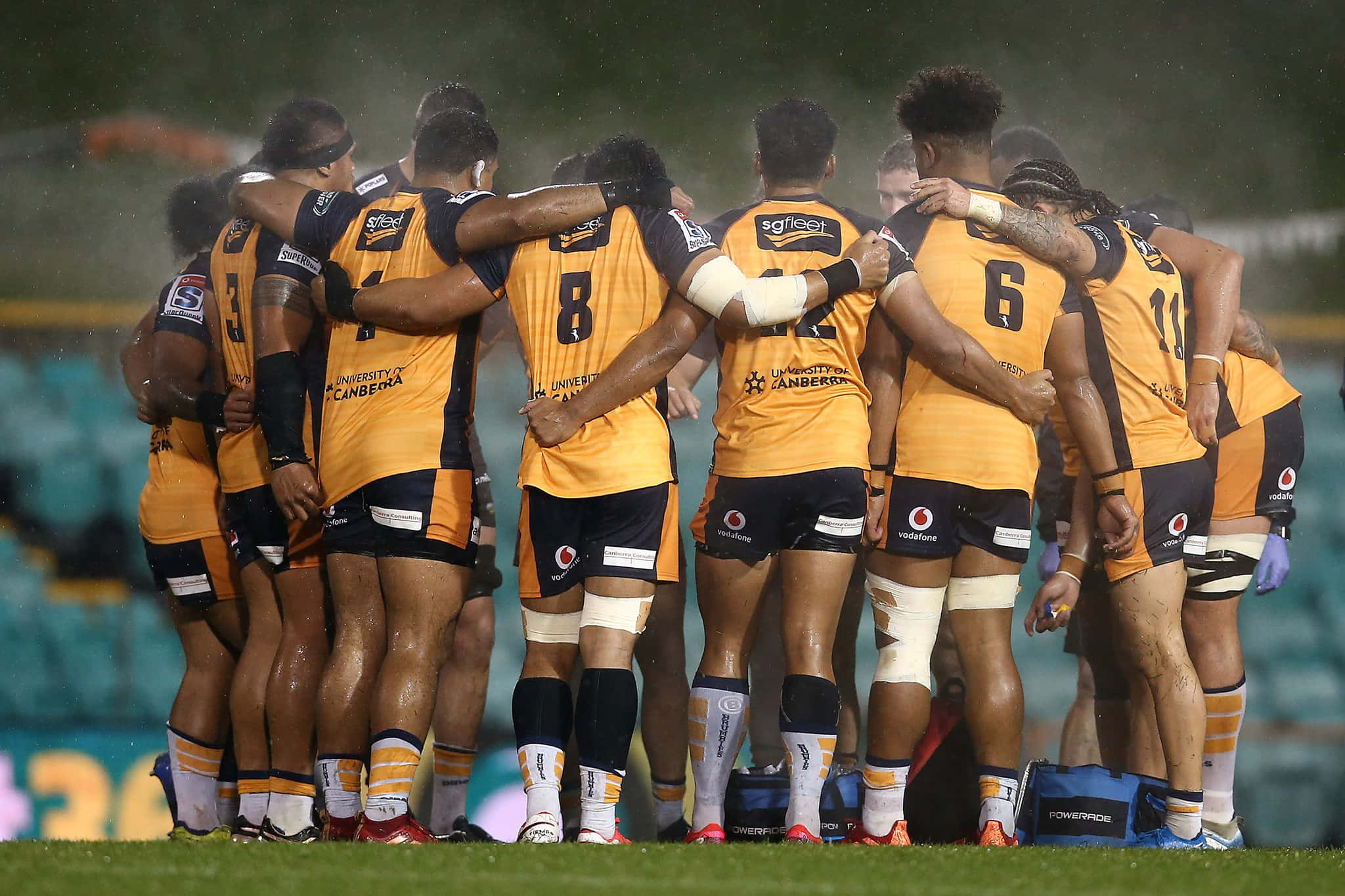 Brumbies 桌布 壁紙 — 身穿橙色和黑色球衣的欖球運動員在球場燈光下，在潮濕的場地上緊密地聚在一起。