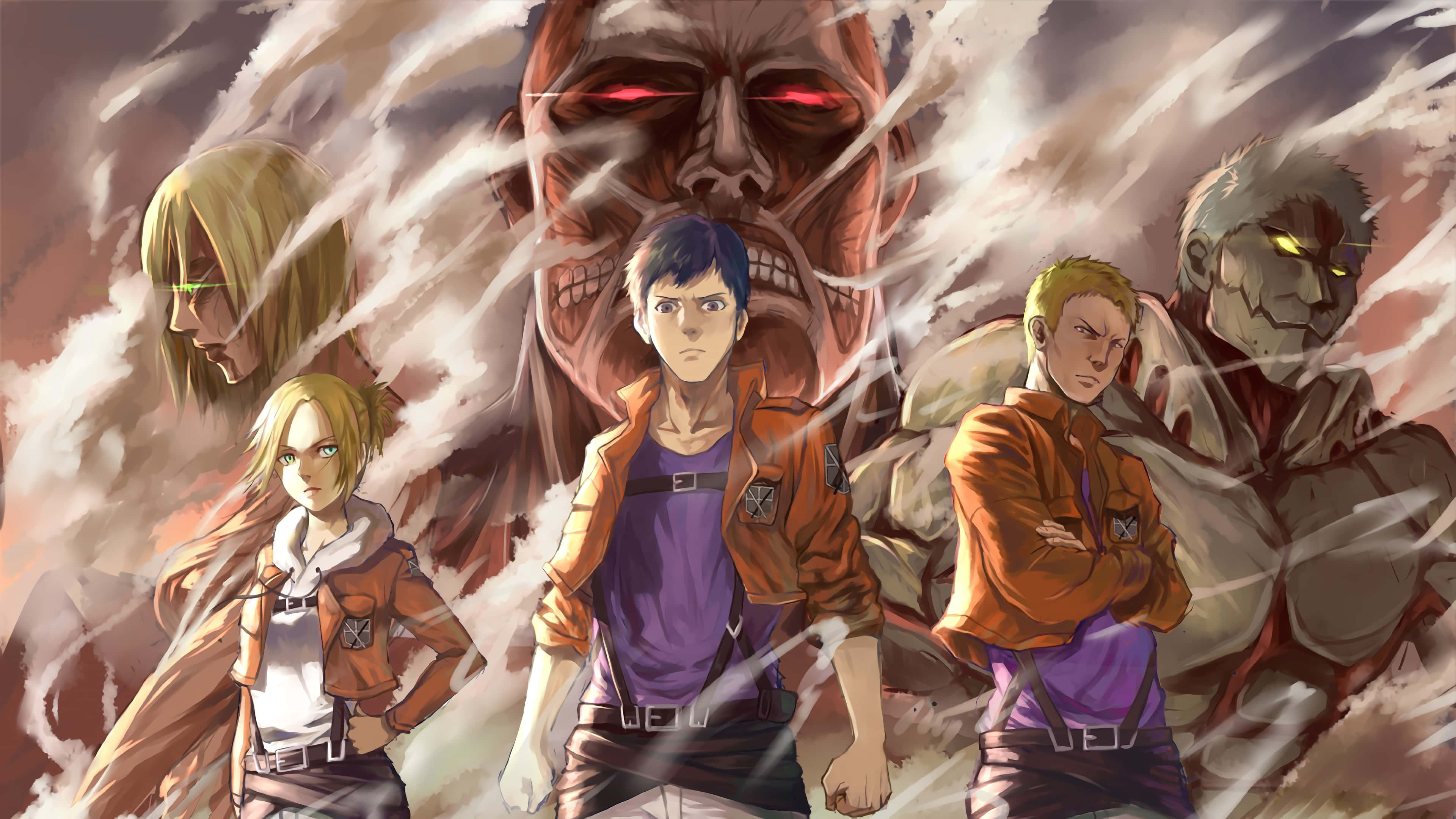 Armored Titan 桌布 壁紙 — 身穿橙色外套的動漫角色在旋轉的暴風雲中，挑釁地站在擁有發光紅眼的巨大巨人面前。