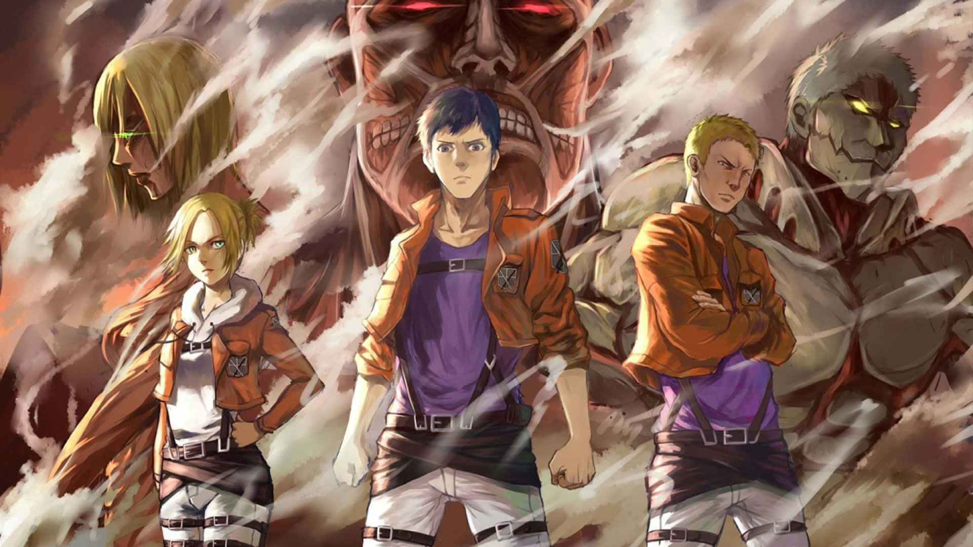 Attack On Titan Season 3 桌布 壁紙 — 身穿橙色外套的動漫角色在旋轉的煙霧和碎片中，以巨型巨人為背景，挑釁地站立著。