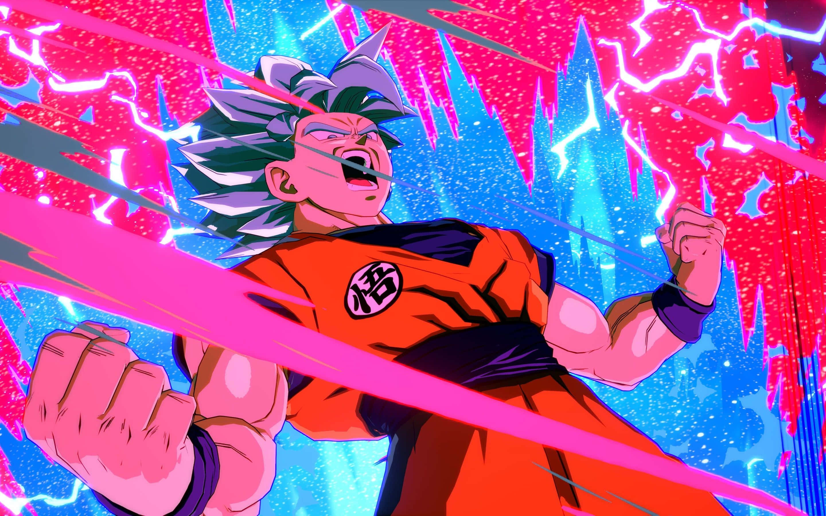 Dragon Ball Fighterz 桌布 壁紙 — 身穿橙色道服的動漫戰士在粉紅色閃電和破碎的水晶碎片中握緊拳頭咆哮，背景為充滿活力的藍色。
