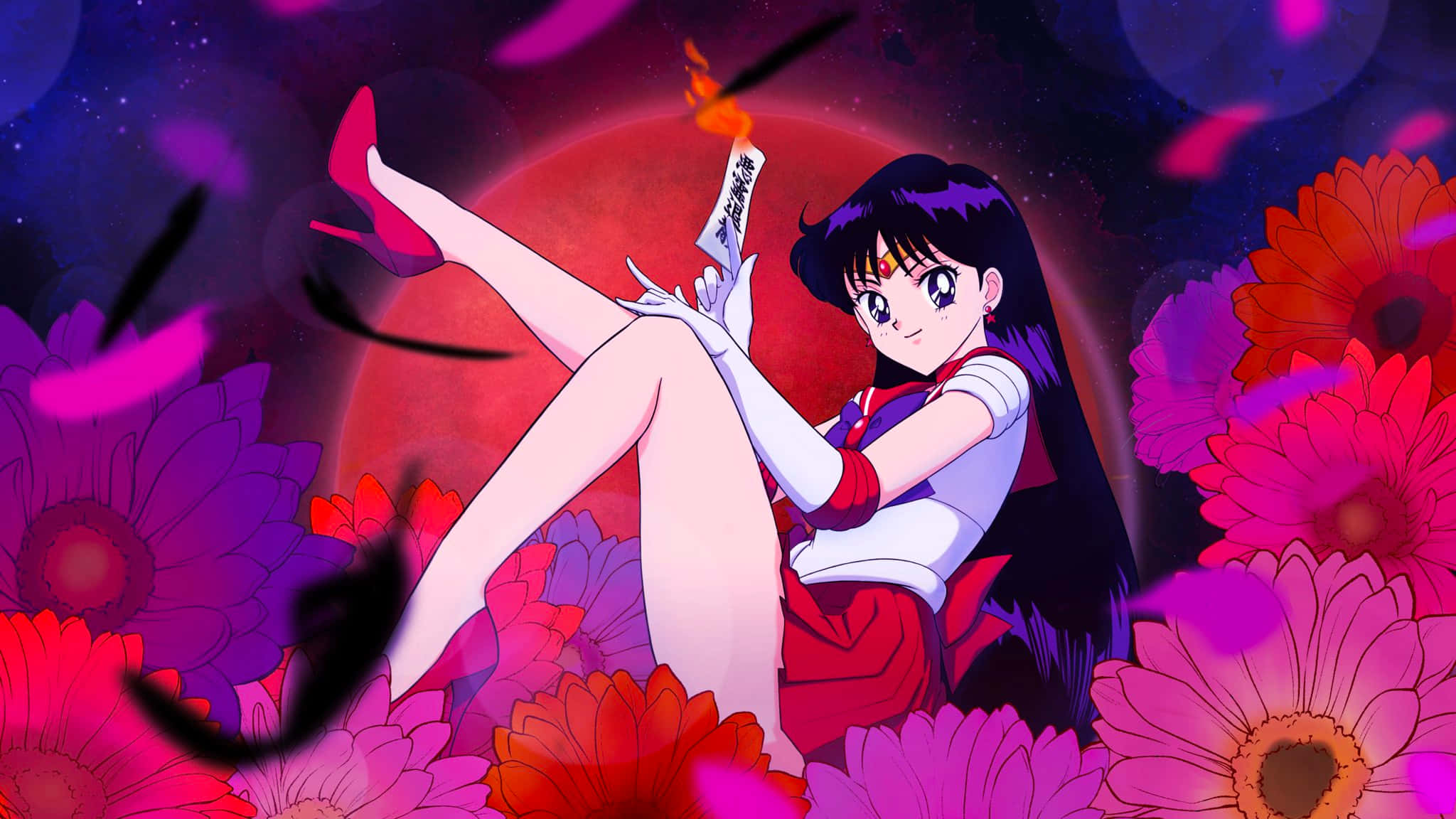 sailor mars 桌布 壁紙 — 身穿水手服嘅動畫女仔喺鮮豔嘅粉紅色同紅色花叢中擺甫士，背景係宇宙紅色月亮。