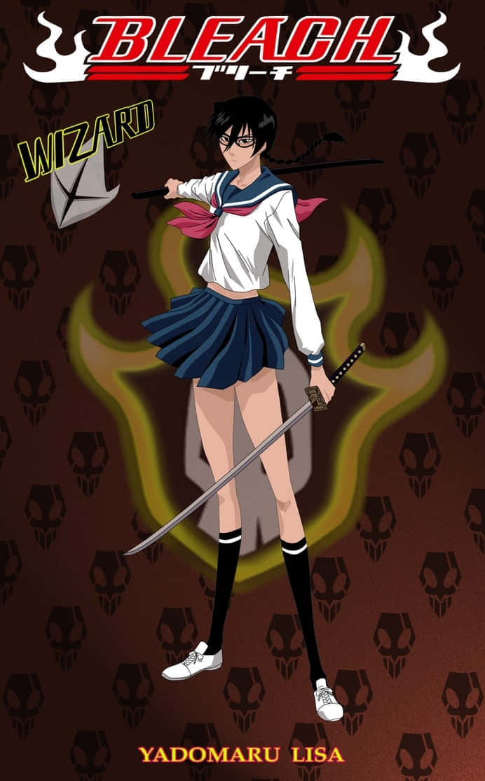 Lisa Yadomaru 桌布 壁紙 — 身穿水手服的動畫女孩在火焰骷髏背景下揮劍，帶有 Bleach 標誌。