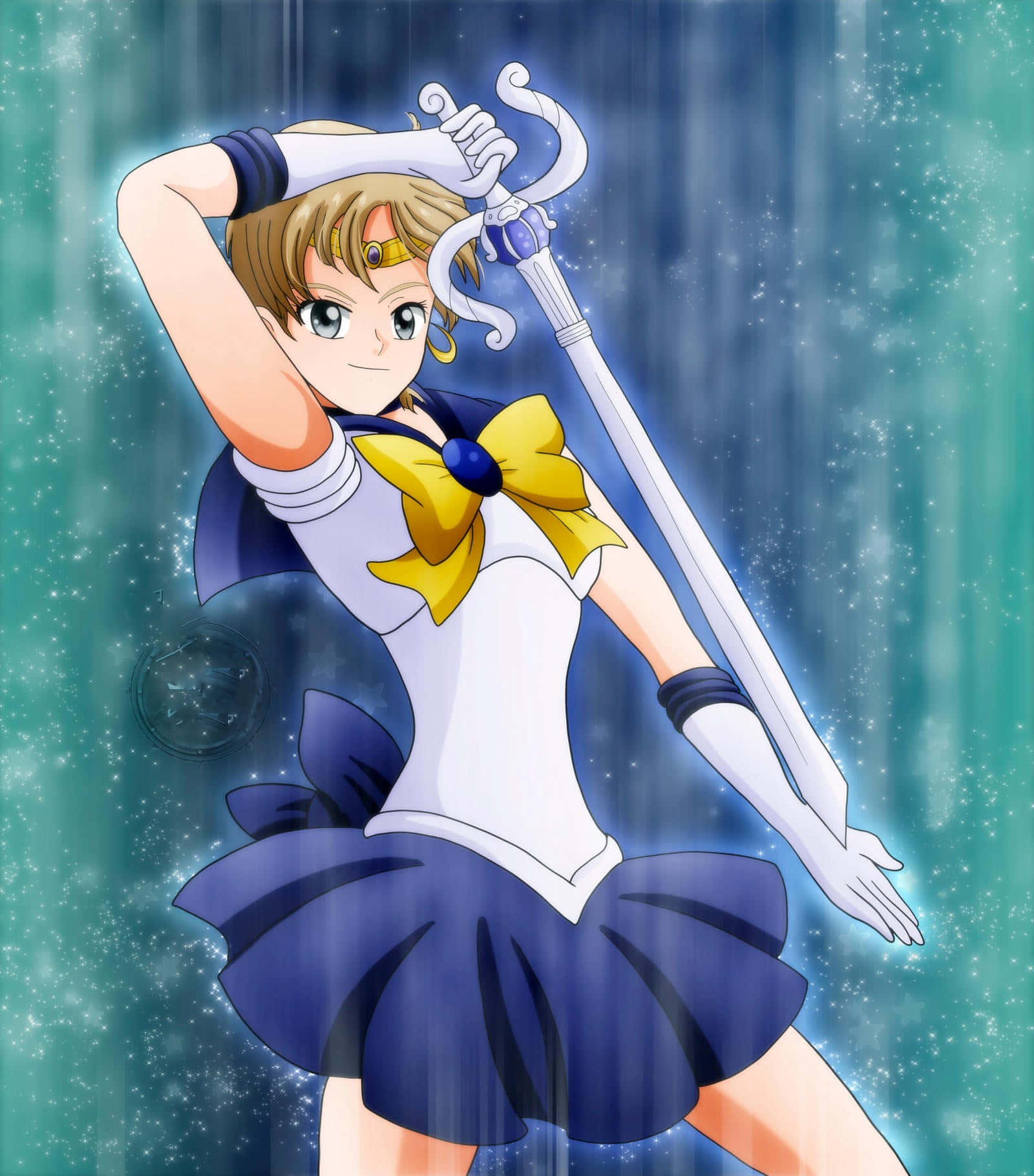 Sailor Uranus 桌布 壁紙 — 身穿水手服的動畫女孩在閃爍的青綠色宇宙背景下揮舞著發光的劍。