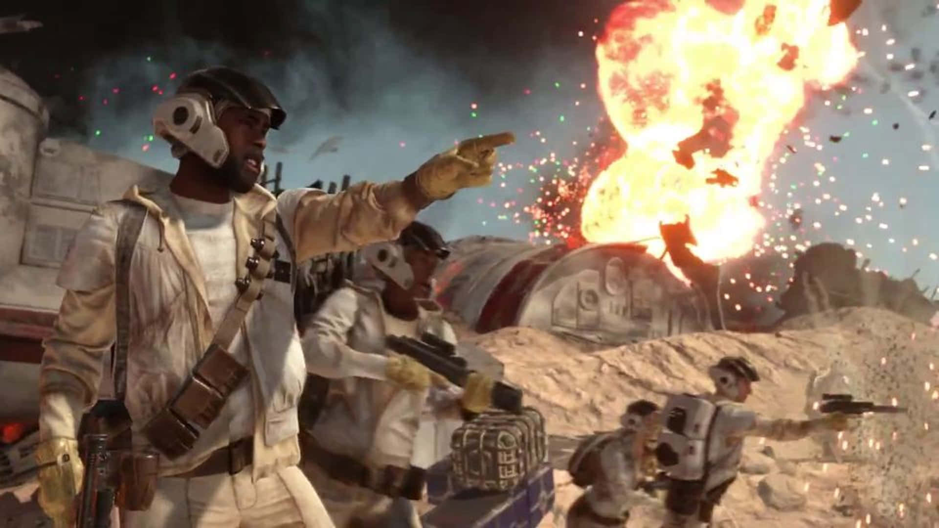 The Battle Of Jakku 桌布 壁紙 — 身穿沙漠裝甲的士兵在戰場上前進，身後發生巨大爆炸。