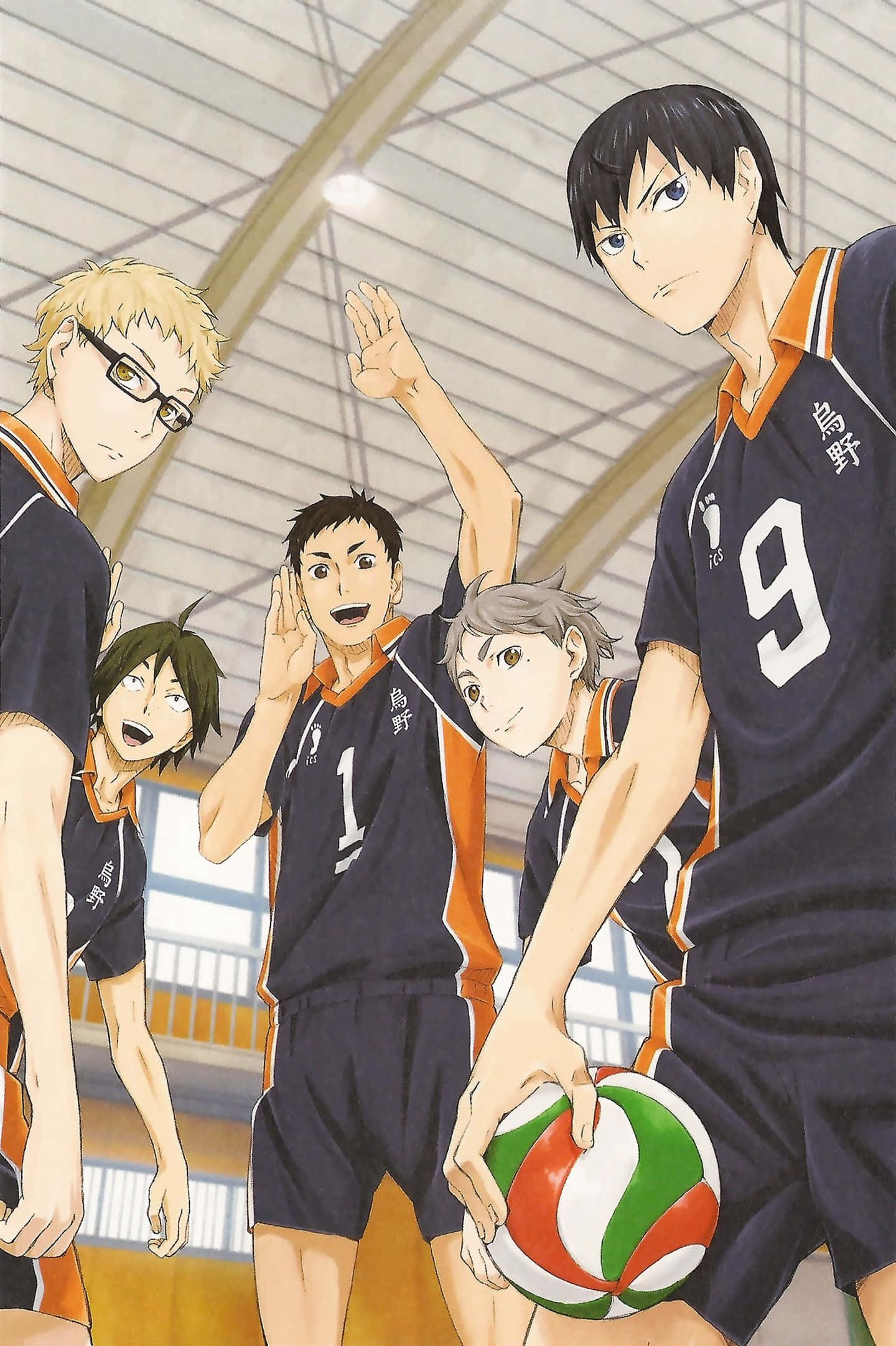 Daichi Sawamura 桌布 壁紙 — 身穿海軍藍制服嘅動漫排球運動員喺體育館內歡呼並用彩色波波擺姿勢。