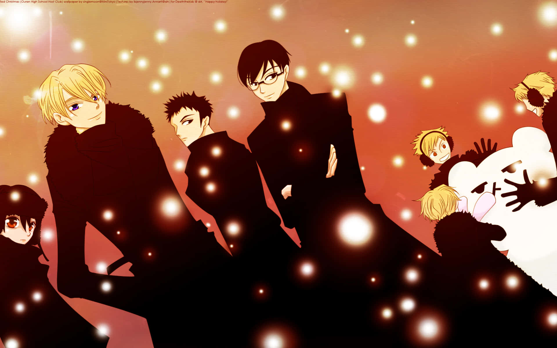 ouran high school host club 桌布 壁紙 — 身穿深色外套的動漫角色站在溫暖發光的背景前，伴隨著漂浮的光粒子。