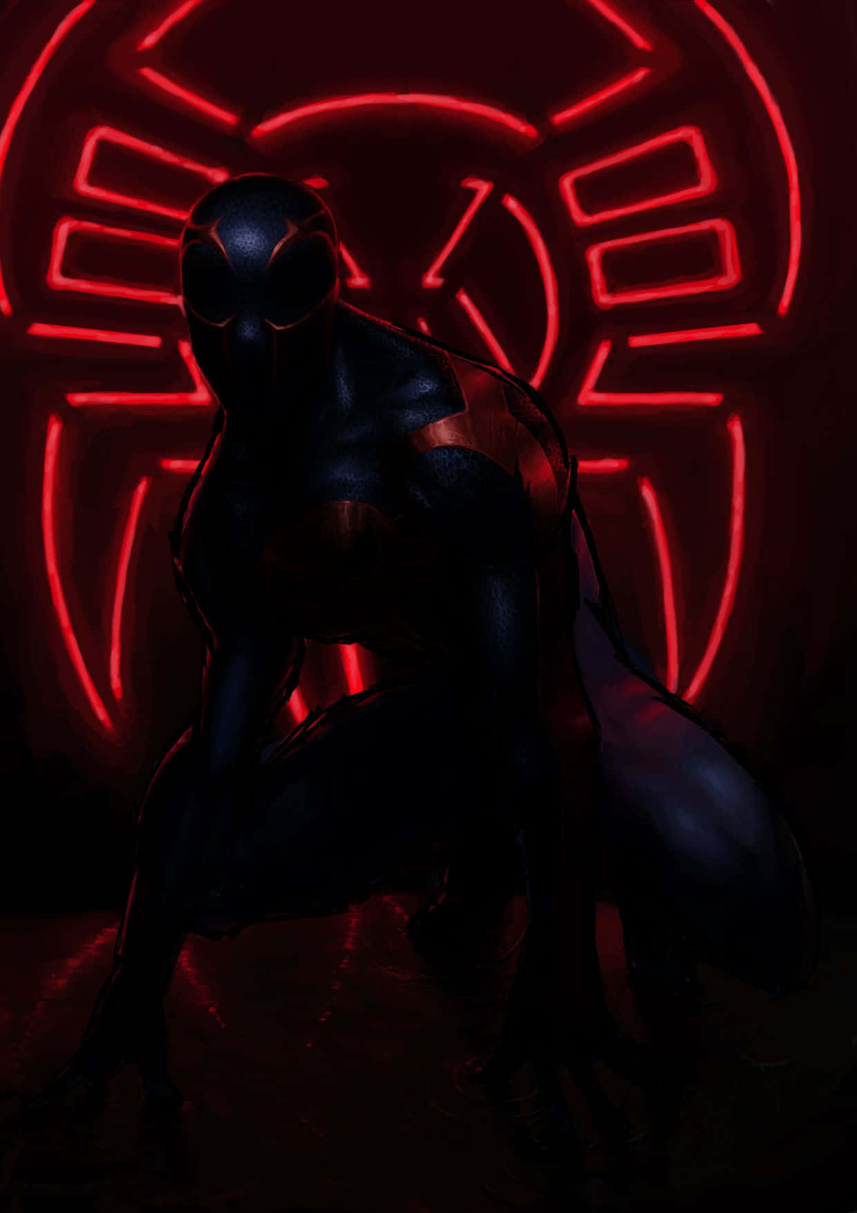 Spider Man 2099 桌布 壁紙 — 身穿深色戰衣的蜘蛛俠在陰影中蹲伏，下方是一個發光的紅色蜘蛛網標誌，被詭異的霓虹燈照亮。