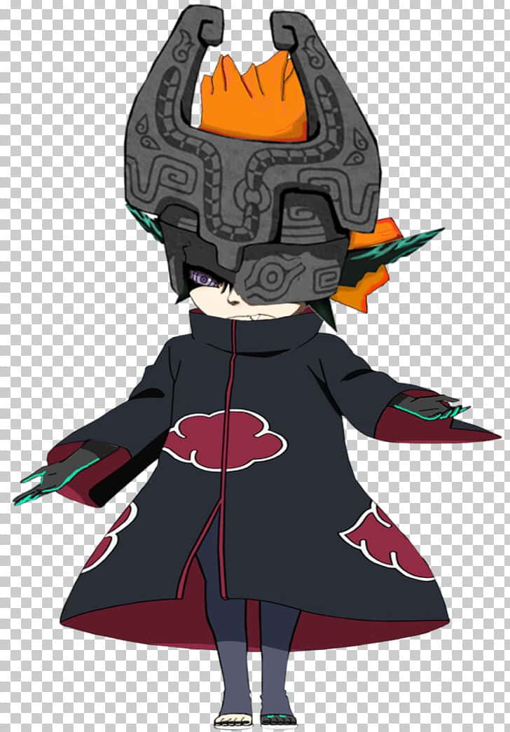 Akatsuki Chibi 桌布 壁紙 — 身穿深色斗篷、帶有紅色雲紋徽章和飾有橙色火焰細節的華麗頭盔的Q版動漫角色。