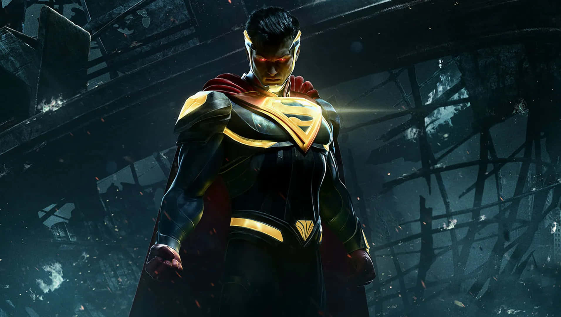 Superhero Video Games 桌布 壁紙 — 身穿深色西裝的超人，雙眼發出紅光，在陰沉天空下， defiantly 站在 crumbling 廢墟中。