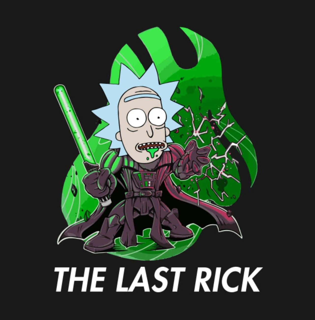 The Council Of Ricks 桌布 壁紙 — 身穿深色長袍的Rick Sanchez在破裂的綠色能量背景前揮舞綠色光劍，並帶有粗體標題。