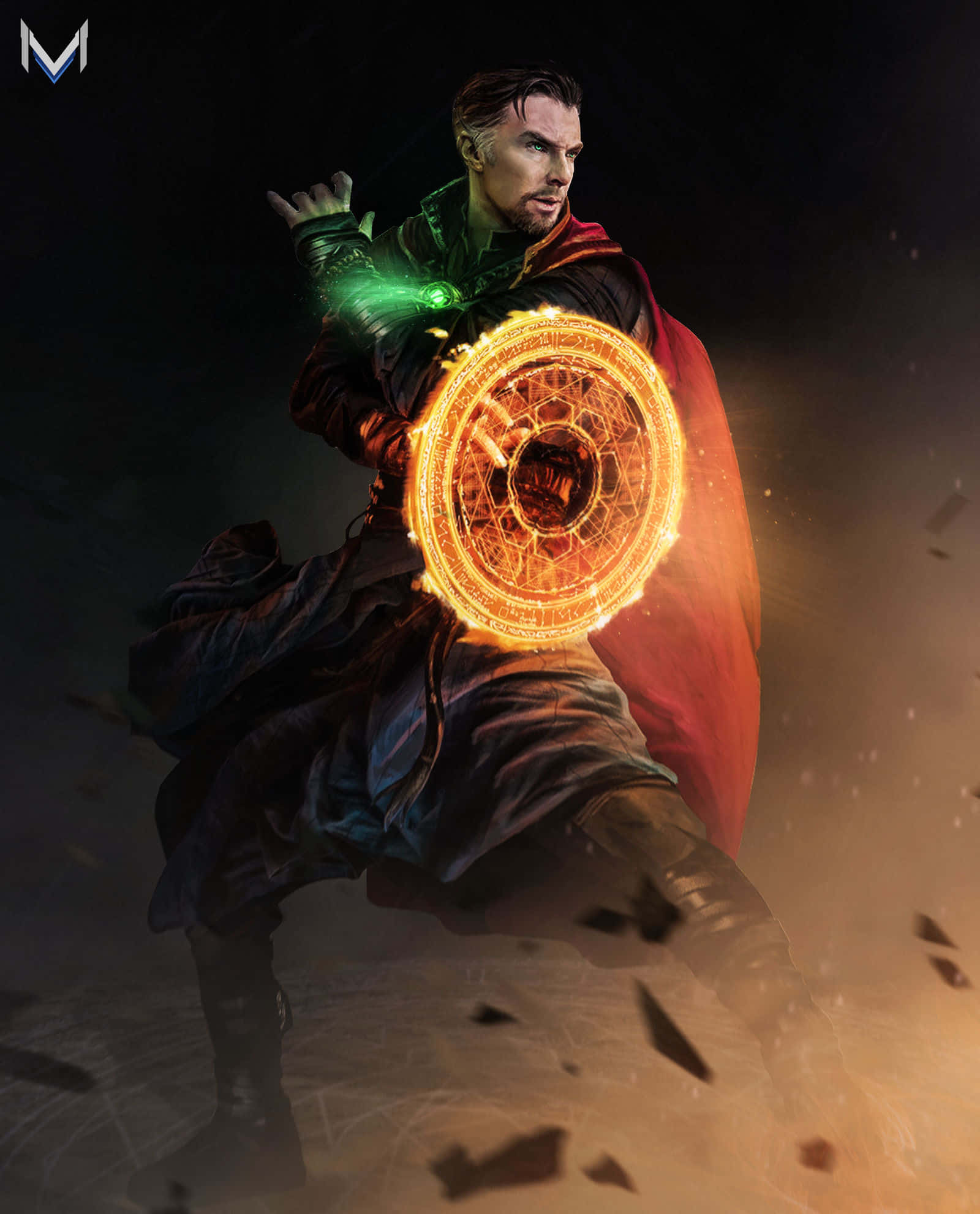 Time Stone 桌布 壁紙 — 身穿深色長袍的奇異博士在動態戰鬥姿勢中引導發光的綠色和橙色神秘能量。