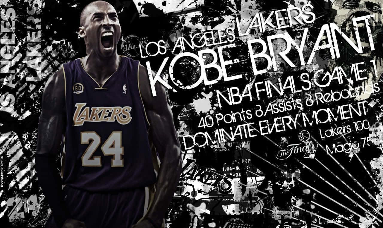 Kobe 桌布 壁紙 — 身穿湖人隊球衣的高比拜仁在粗糙的黑白圖形背景下勝利咆哮，慶祝他在總決賽第一場比賽中拿下40分的表現。