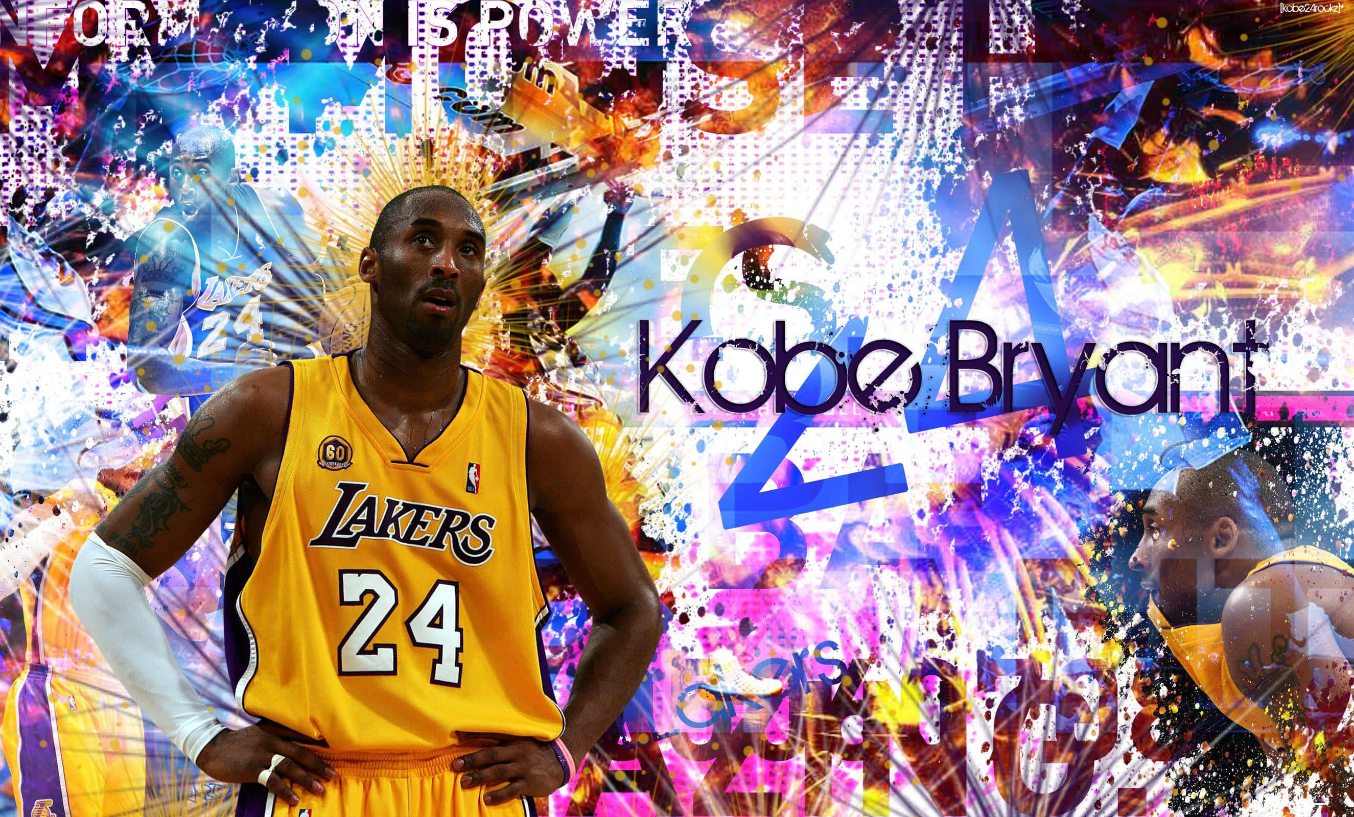 Kobe 桌布 壁紙 — 身穿湖人隊球衣的高比拜仁自信地站在充滿活力的籃球動作和發光霓虹色彩的抽象拼貼畫前。