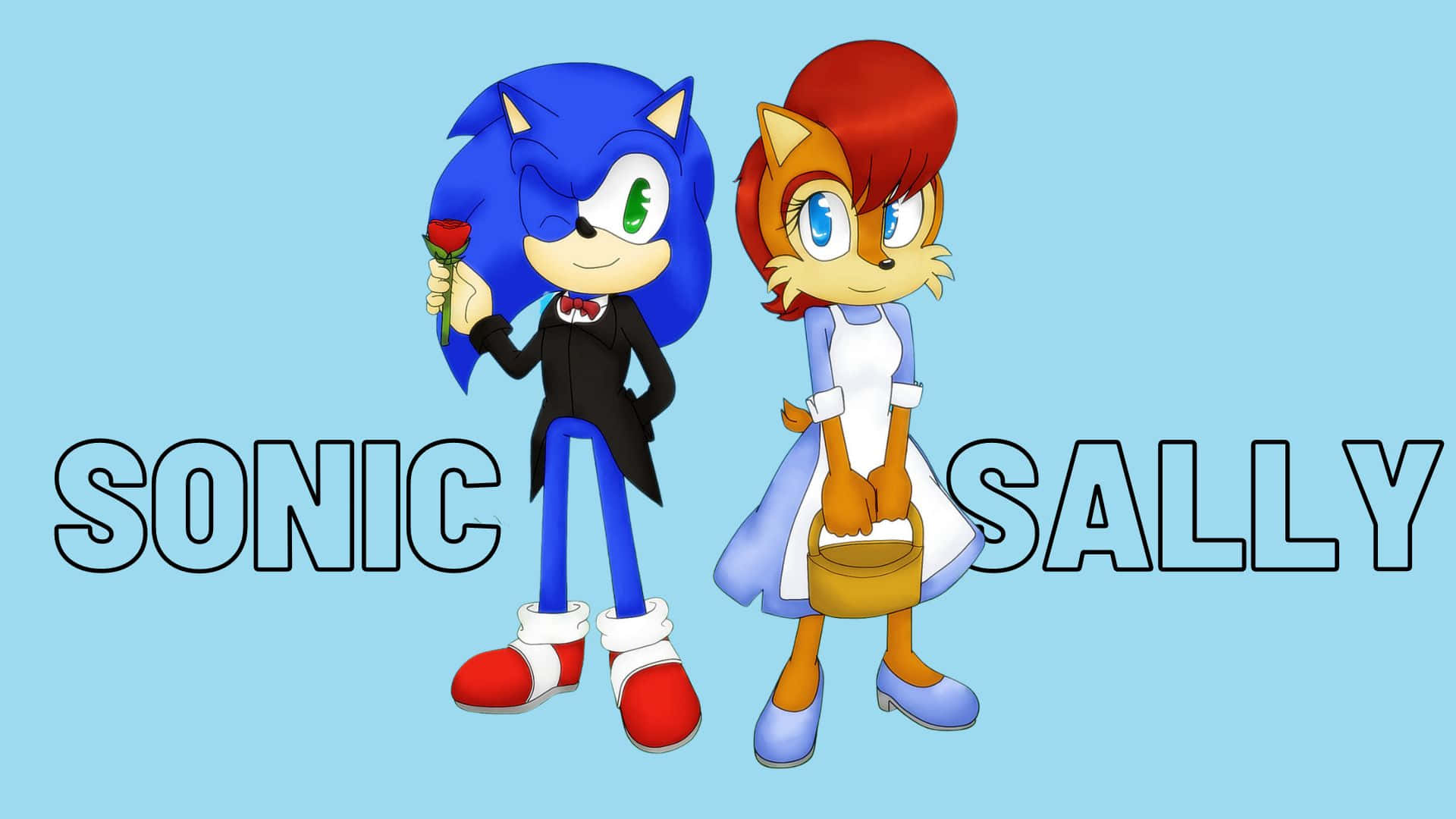 Sonic And Sally 桌布 壁紙 — 身穿燕尾服的刺蝟索尼克手持玫瑰，而穿著女僕裝的莎莉·艾科恩則提著籃子，背景為淺藍色。
