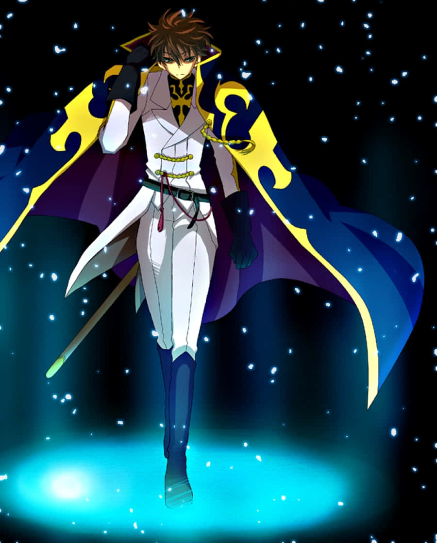 Suzaku Kururugi 桌布 壁紙 — 身穿白色和紫色斗篷的動漫角色站在發光的藍色平台上，背景是繁星點點的夜空。