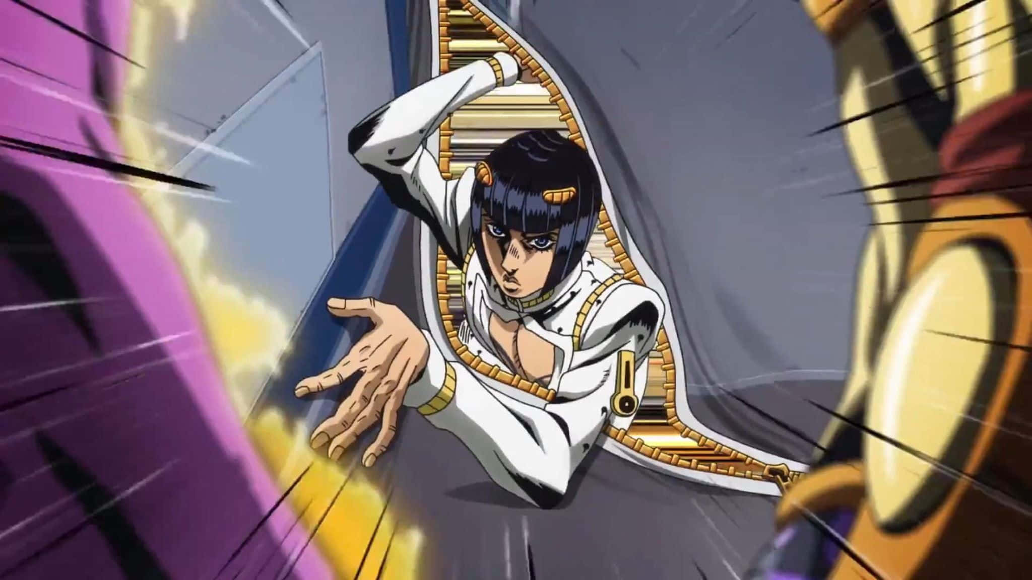 Jojo Meme 桌布 壁紙 — 身穿白色和金色服裝的動漫角色，在充滿動感的紫色、黃色和灰色背景下，以強烈的表情向前猛衝。