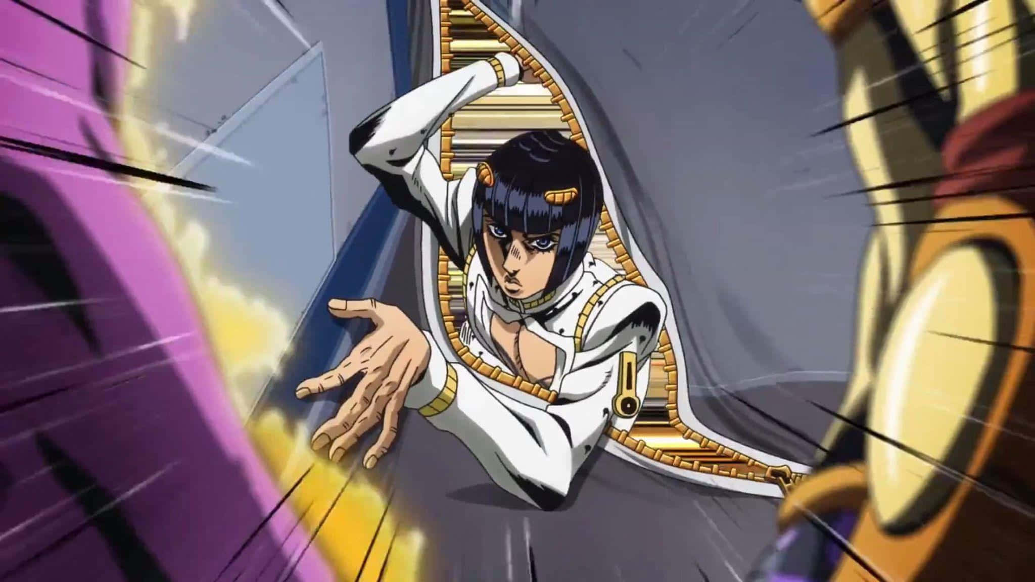 Vento Aureo 桌布 壁紙 — 身穿白色和金色服裝的動漫角色，在紫色和黃色的動態模糊背景前，以強烈的表情向前衝刺。
