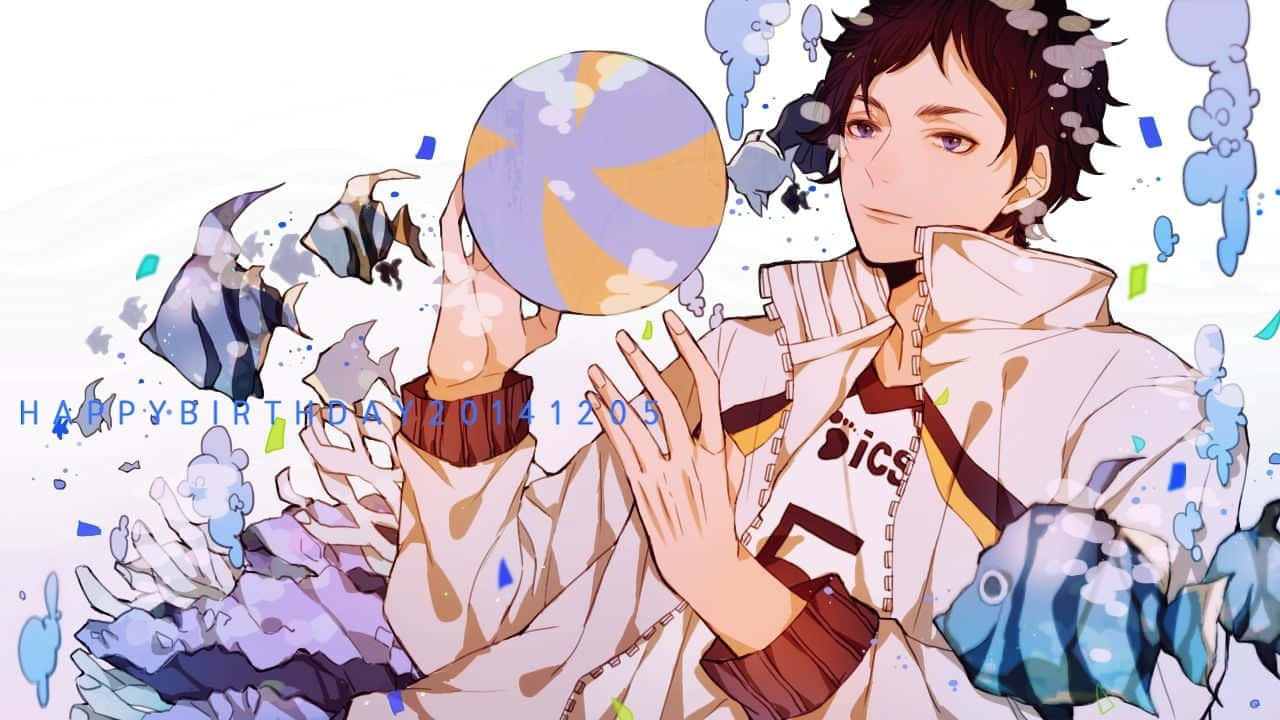 Fukurodani 桌布 壁紙 — 身穿白色外套的動畫男孩，在明亮背景前手持彩色球體，周圍有漂浮的魚和五彩紙屑。