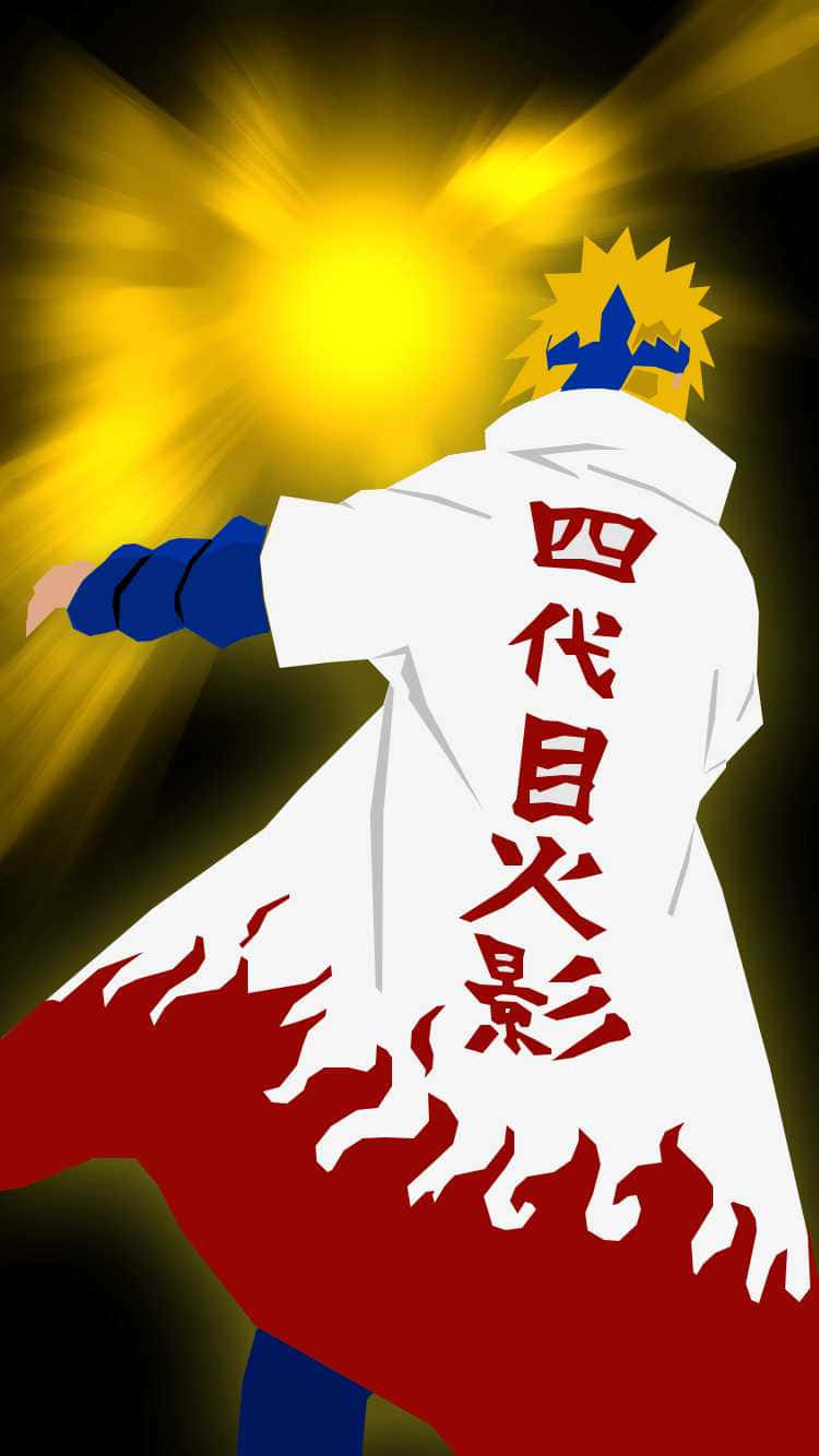 Fourth Hokage 桌布 壁紙 — 身穿白色斗篷、帶有紅色火焰設計和漢字文字的動漫角色，背光站在燦爛的黃色陽光下。