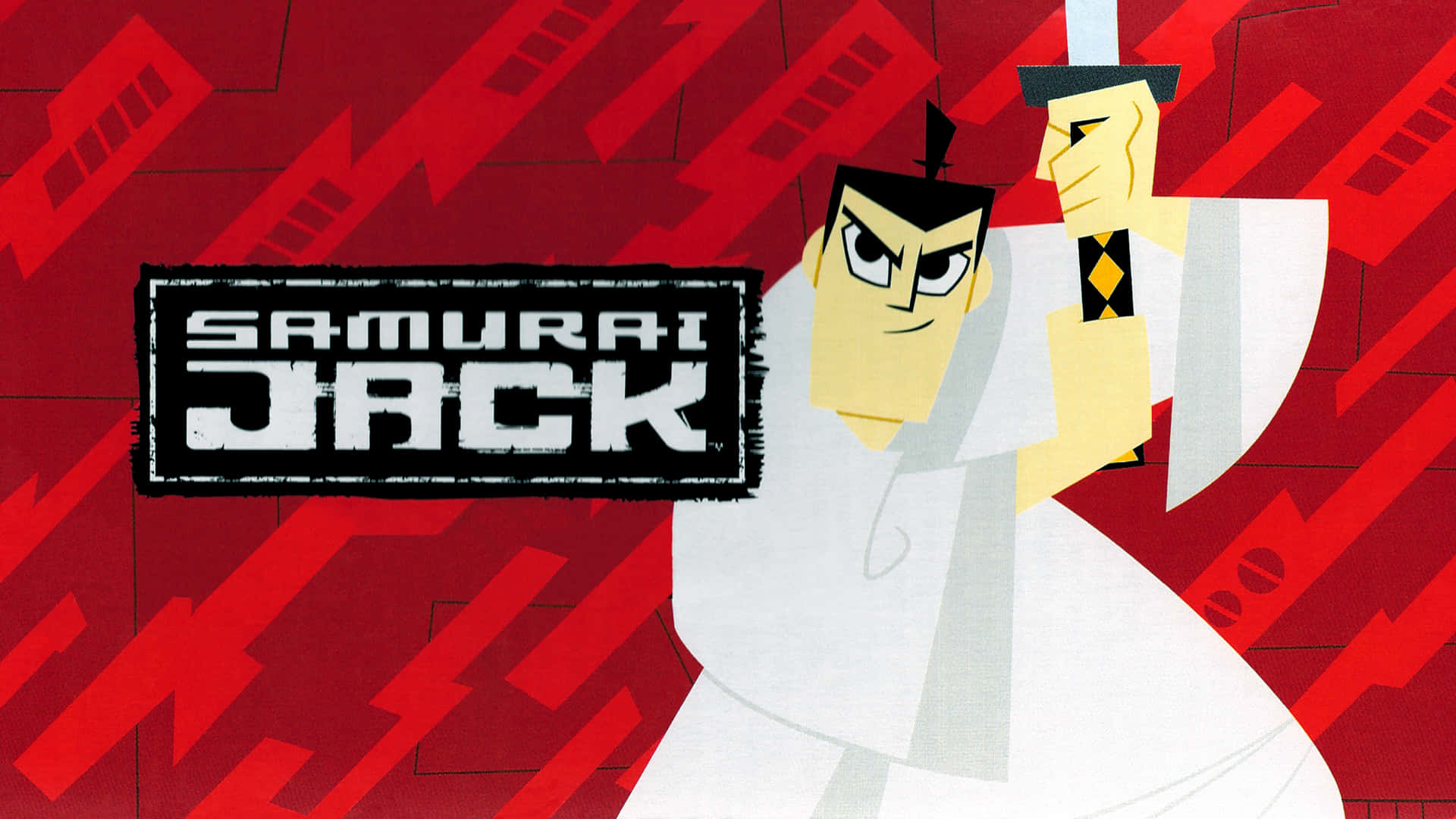 samurai jack 桌布 壁紙 — 身穿白色盔甲的武士傑克在紅色幾何背景前持劍，並帶有粗體標題。