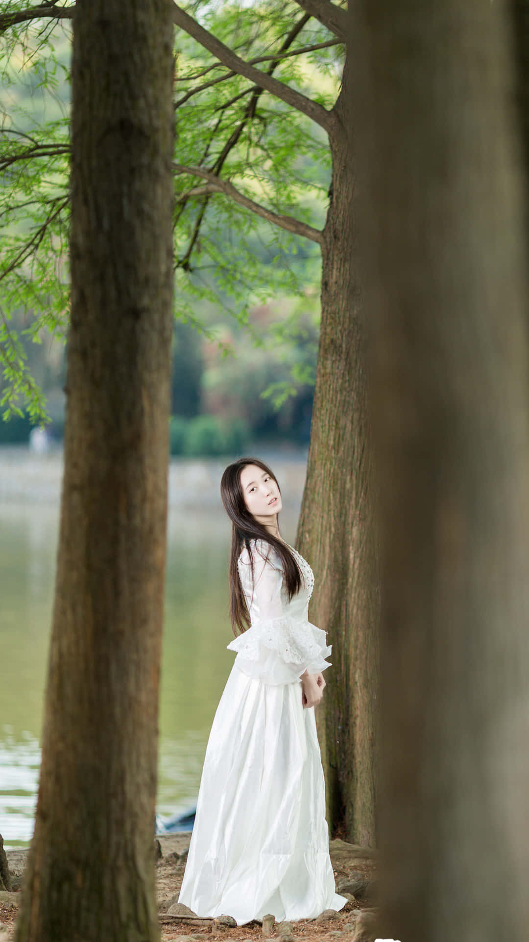 身穿白色禮服的迷人韓國美女 壁紙 — 一位身穿飄逸白色連衣裙的女子，優雅地站在寧靜湖泊旁的高大樹木之間，沐浴在柔和自然光中。
