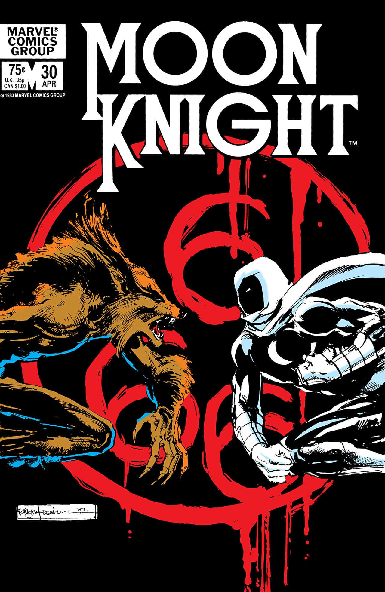 Moon Knight 桌布 壁紙 — 身穿白色西裝的月光騎士在黑色背景上，面對一隻咆哮的棕色野獸，背景有紅色滴落的符號。