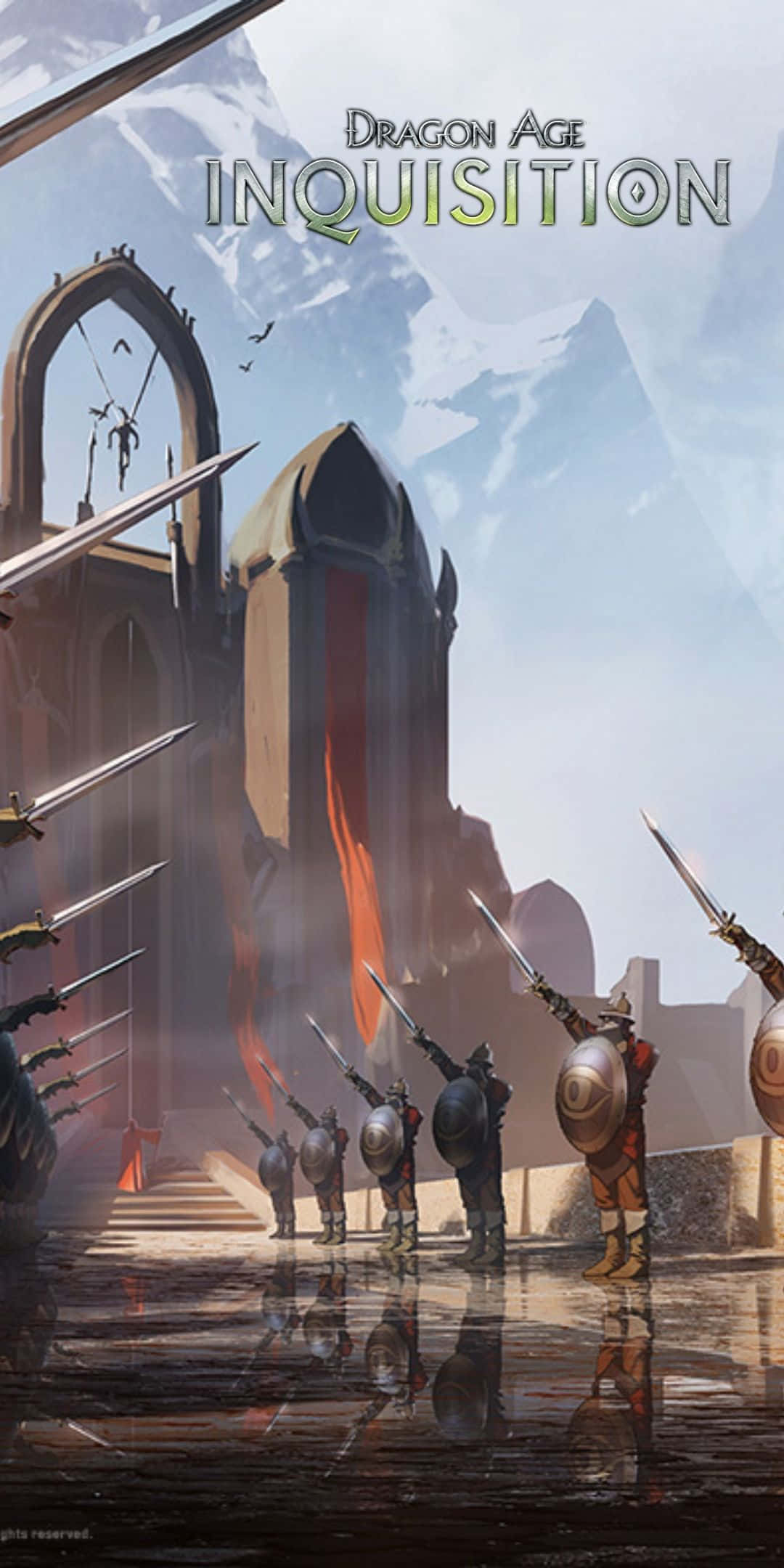 Pixel 3 Dragon Age Inquisition 桌布 壁紙 — 身穿盔甲的士兵在哥德式廢墟前舉劍列陣，廢墟底部在陰雲密布的天空下噴出火焰。