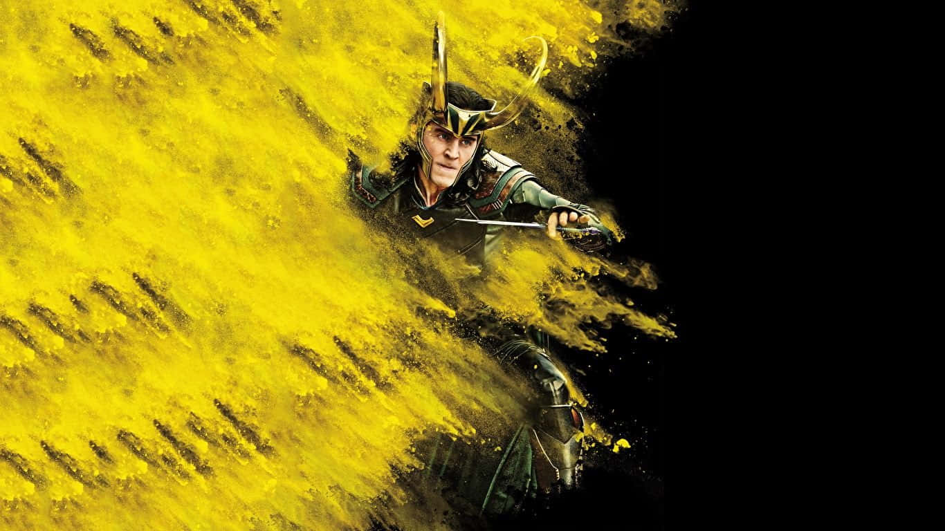 1366x768 Marvel 桌布 壁紙 — 身穿盔甲的洛基在強烈的黃色粉末爆炸中從純黑背景中出現。