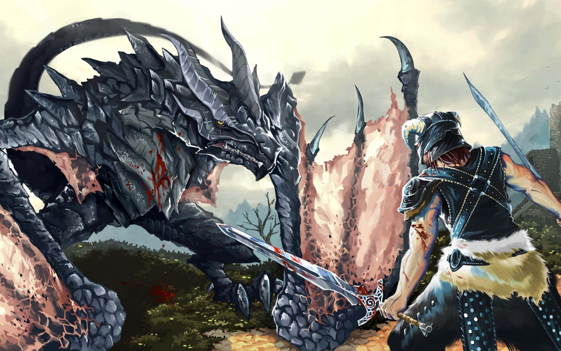 dovahkiin 桌布 壁紙 — 身穿盔甲的騎士在崎嶇的山地戰場上與一隻巨大的帶刺黑龍交鋒。