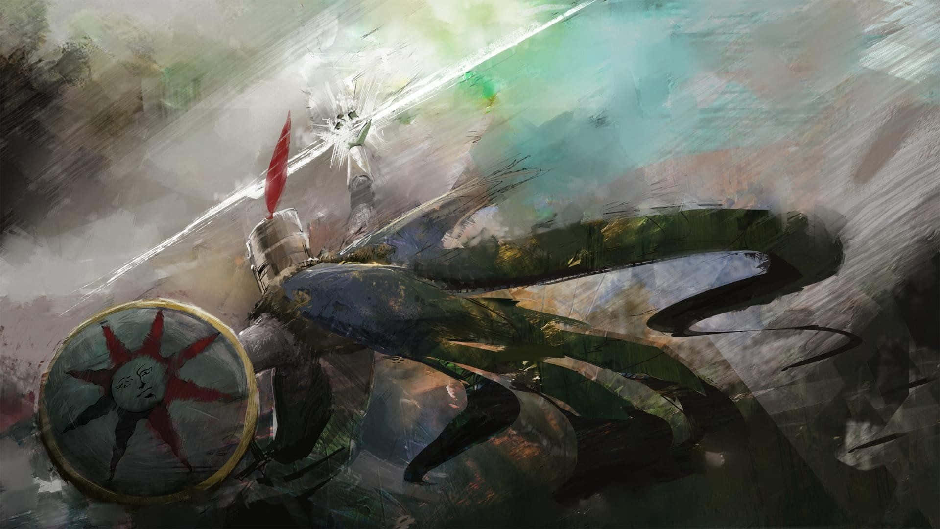 Solaire Of Astora 桌布 壁紙 — 身穿盔甲的騎士與發光的敵人在動態水彩戰鬥場景中交鋒。