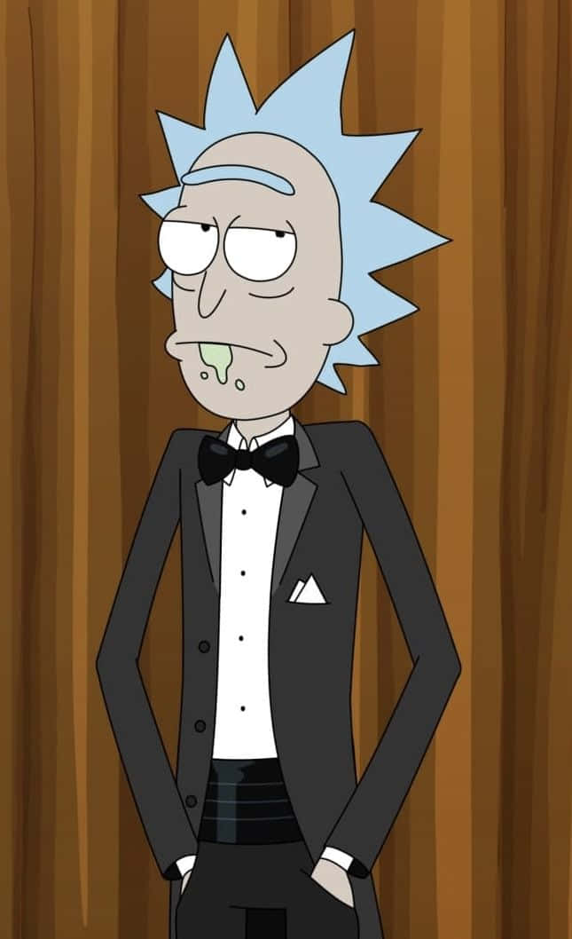 Wubba Lubba Dub Dub 桌布 壁紙 — 身穿禮服的瑞克·桑切斯，滴著綠色口水，以卡通風格站在木質面板前。