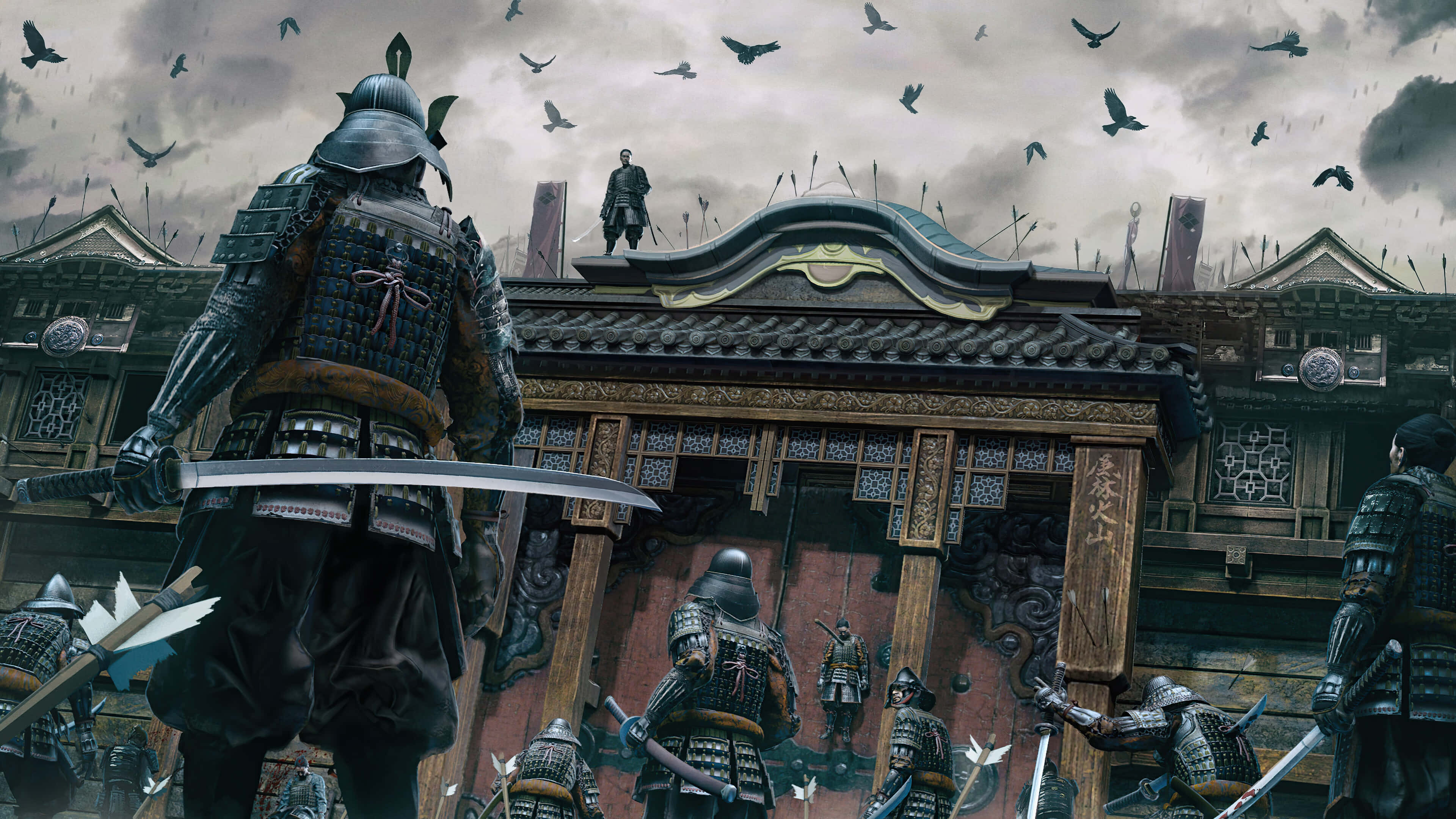 Samurai Movies 桌布 壁紙 — 身穿精細盔甲的武士戰士站在傳統日本門前，頭頂有鳥兒飛翔，天空風雨欲來。
