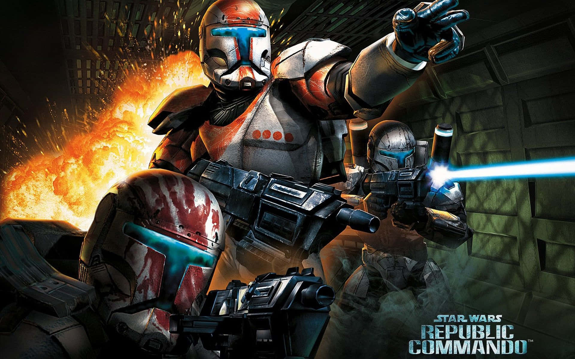 Star Wars Games 桌布 壁紙 — 身穿紅白盔甲的克隆人突擊兵在熾熱爆炸中發射爆能槍，呈現 gritty 科幻戰鬥場景。