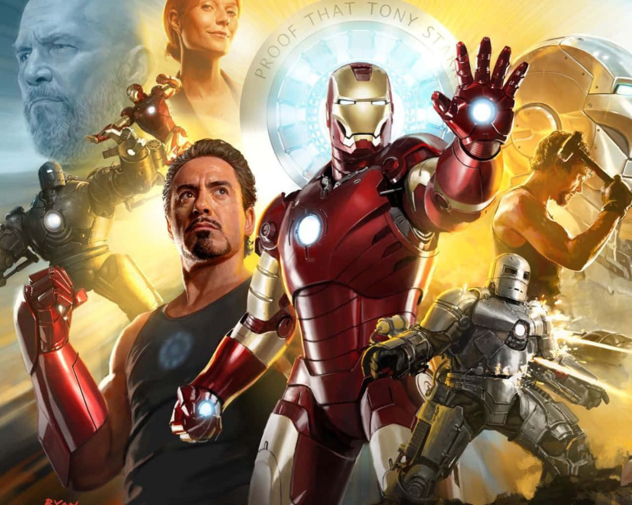 Iron Man Vs Iron Monger 桌布 壁紙 — 身穿紅色和金色盔甲的鐵甲奇俠，在漫威宇宙的關鍵角色和戰衣環繞下，英雄般地站立，散發著發光的斥力炮。