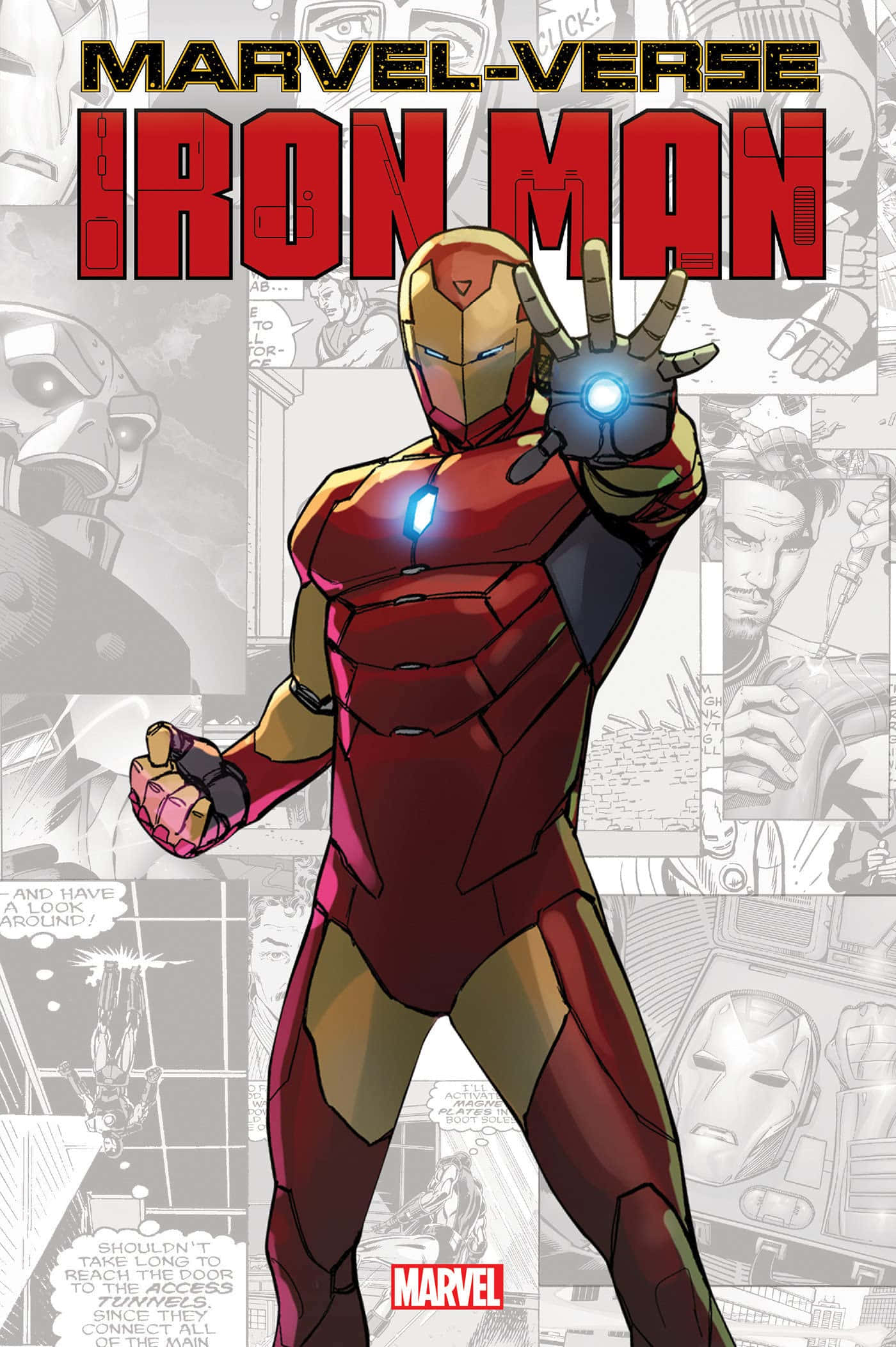 Iron Man Comics 桌布 壁紙 — 身穿紅色和金色盔甲的鐵甲奇俠，帶著發光的斥力器英勇站立，背景是漫畫書面板拼貼畫。