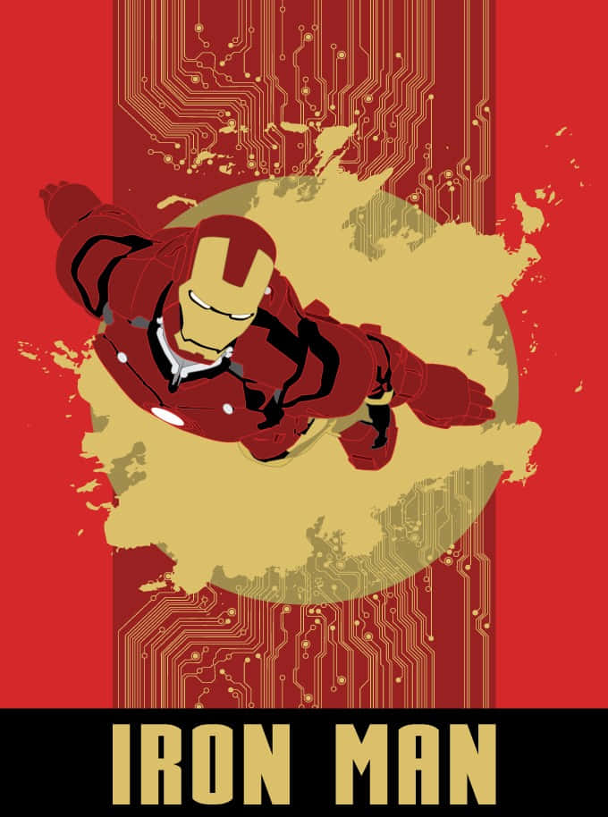 Iron Man Fan Art 桌布 壁紙 — 身穿紅色和金色盔甲的鐵甲奇俠在帶有電路板圖案和金色飛濺的紅色背景上動態飛行。