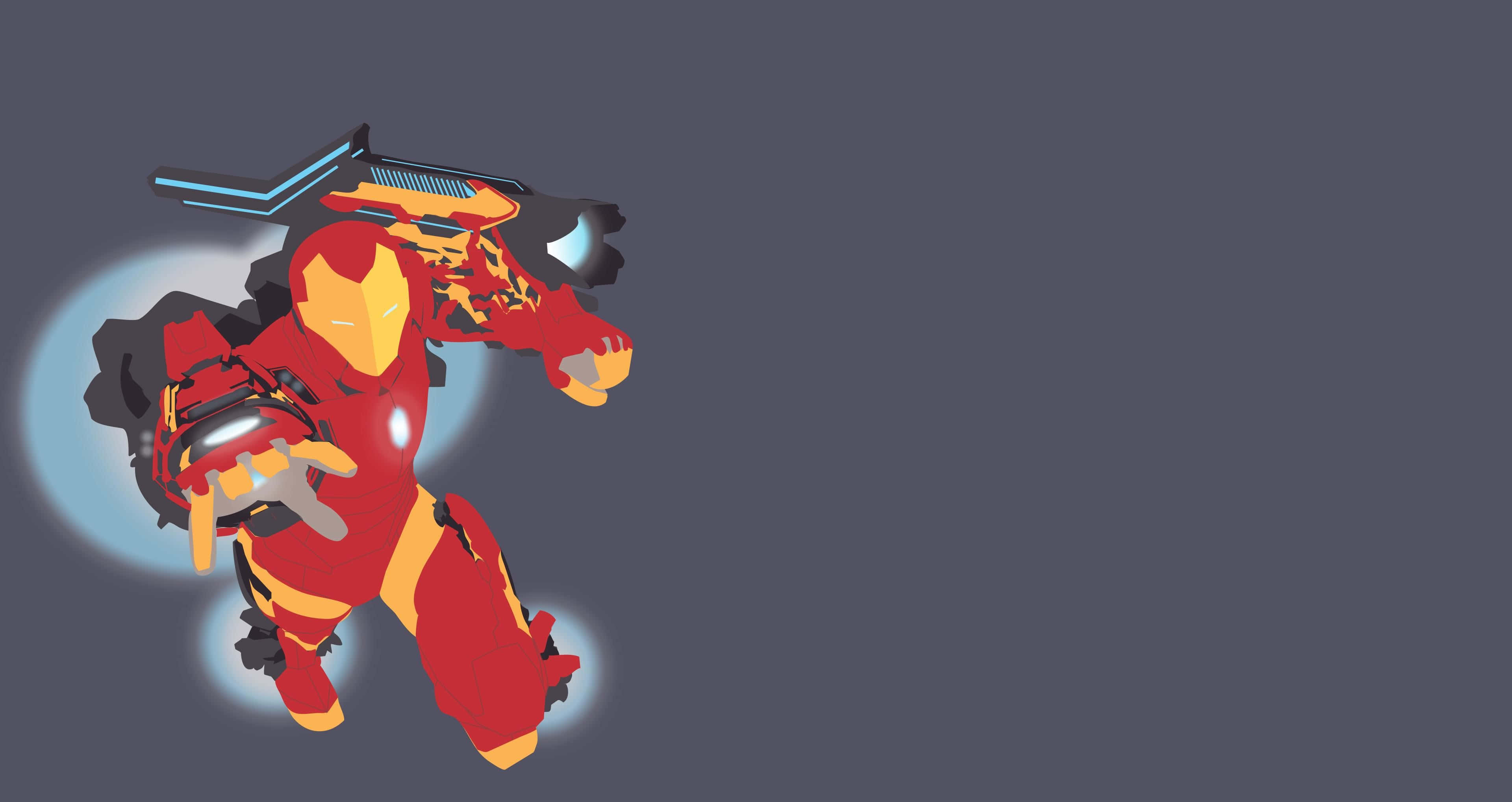 Iron Man Art 桌布 壁紙 — 身穿紅色和金色盔甲的鐵甲奇俠在深灰色背景上動態飛行，帶有發光的藍色能量軌跡。