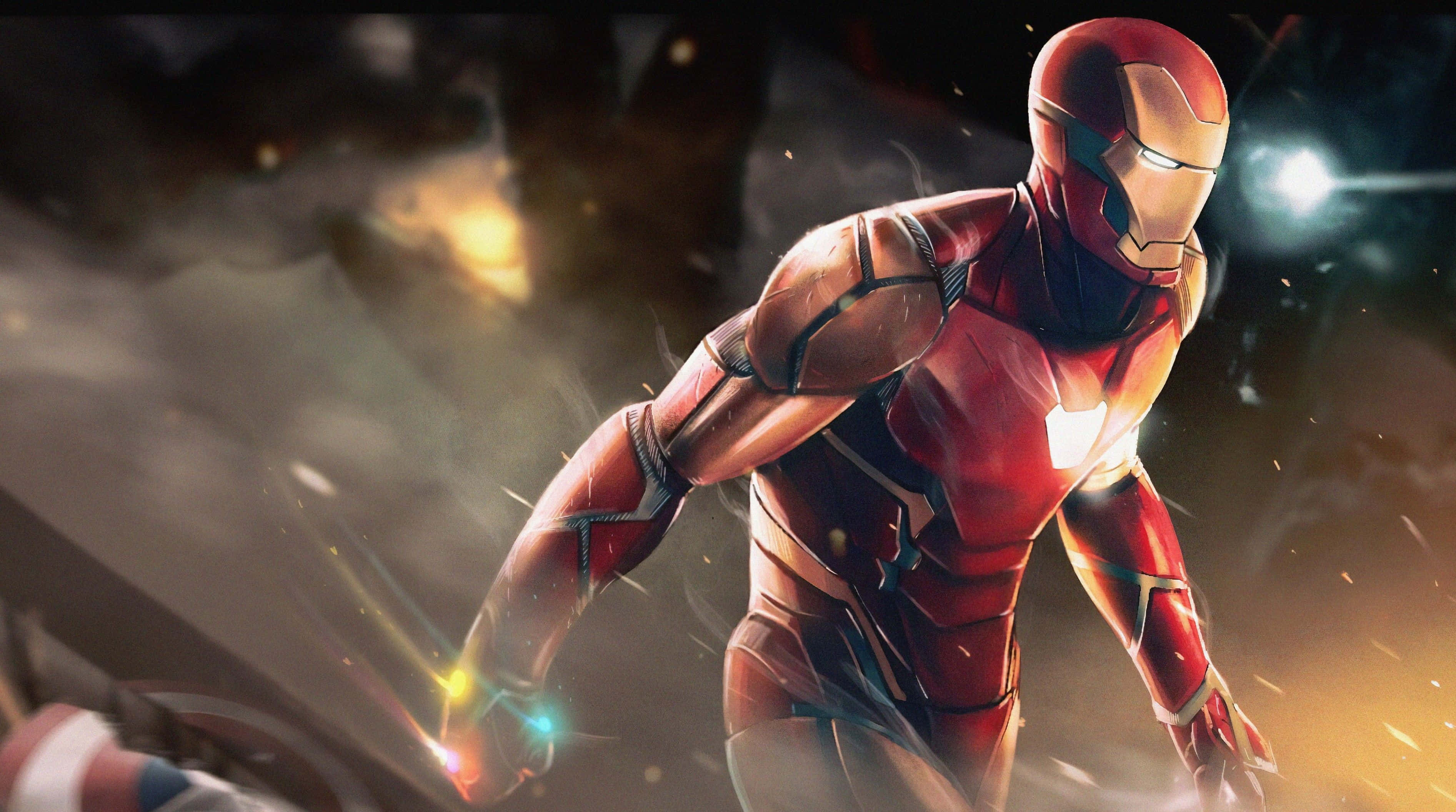 Iron Man Art 桌布 壁紙 — 身穿紅色和金色盔甲的鐵甲奇俠在熾熱的火花和黑煙中向前猛衝，發射發光的斥力炮。