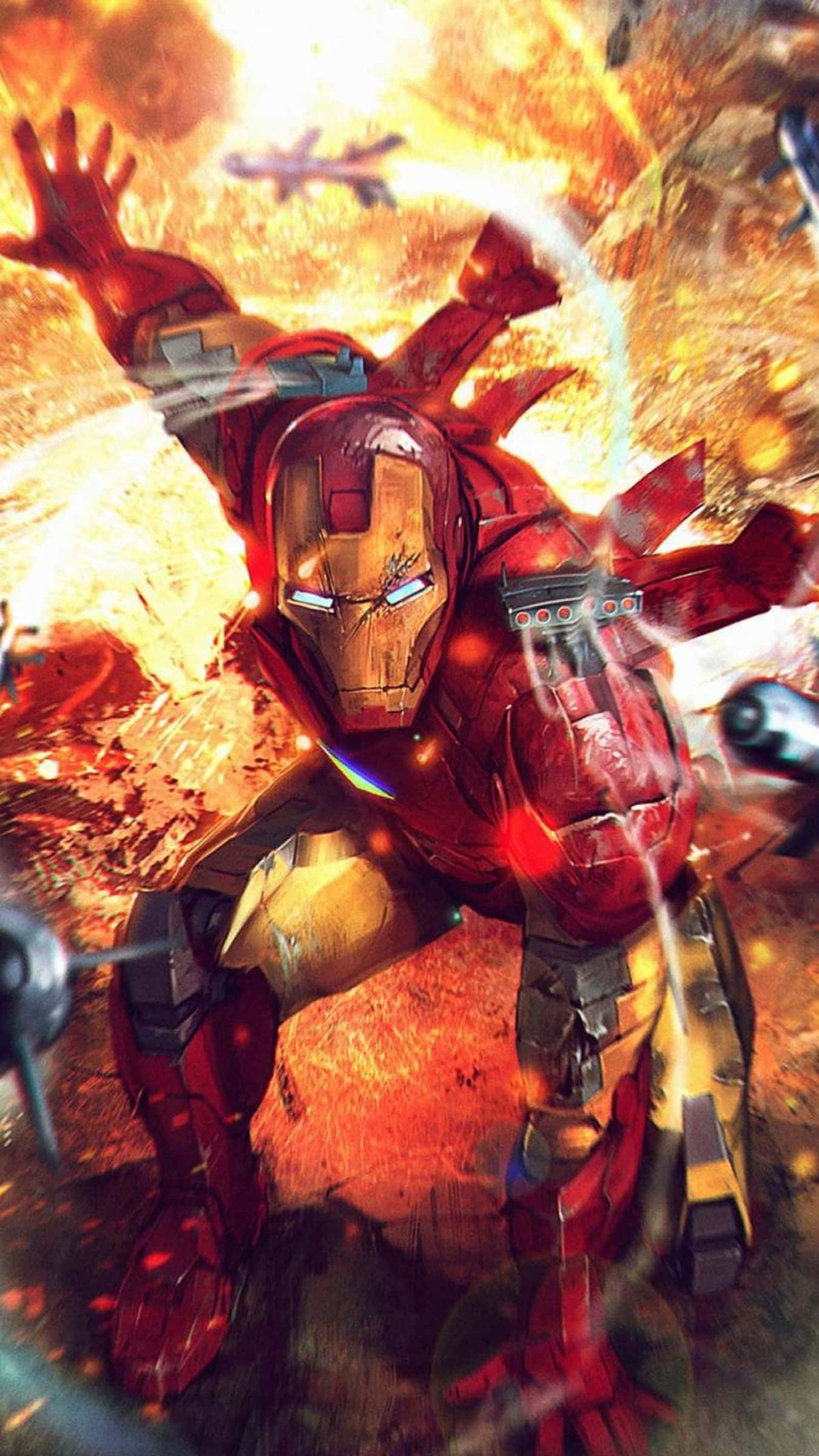 Iron Man Weapons 桌布 壁紙 — 身穿紅色和金色盔甲的鐵甲奇俠在熾熱的爆炸和飛揚的碎片中挑釁地站立。