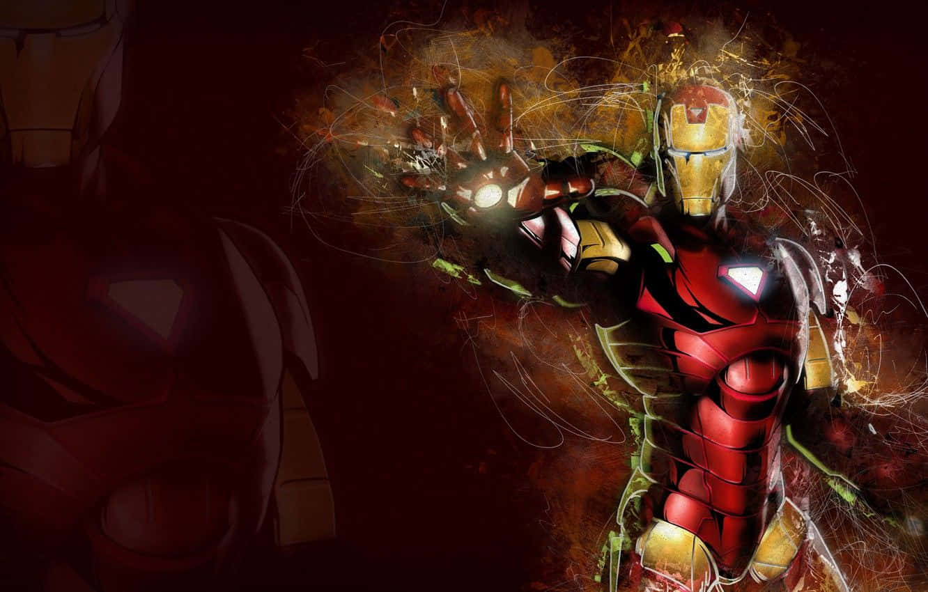 Iron Man Art 桌布 壁紙 — 身穿紅色和金色盔甲的鐵甲奇俠在黑暗背景下發射斥力炮，帶有發光的能量軌跡。