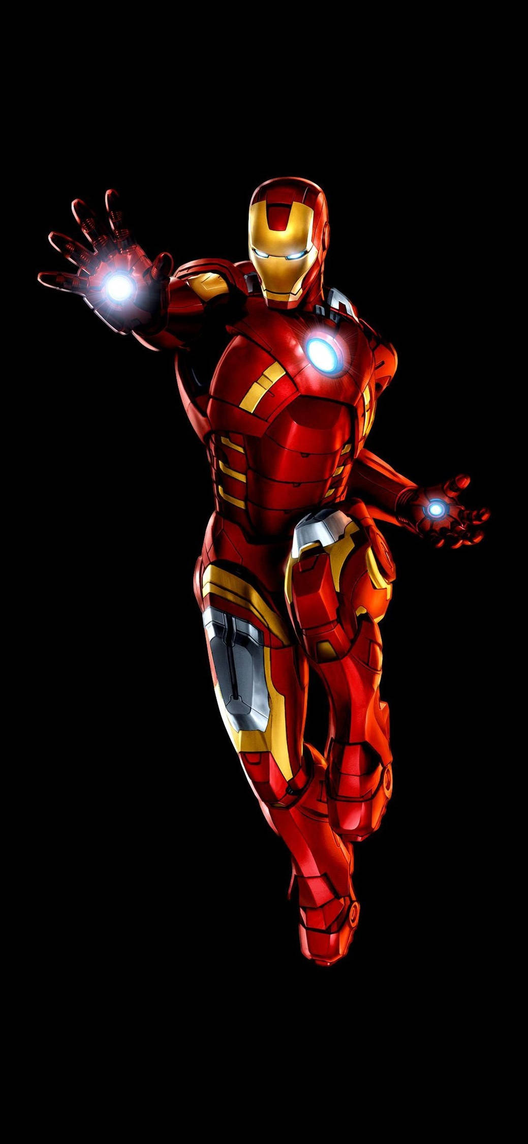 Iron Man Full HD 桌布 壁紙 — 身穿紅色和金色盔甲的鐵甲奇俠在黑色背景上懸浮，手掌上帶有發光的斥力炮。