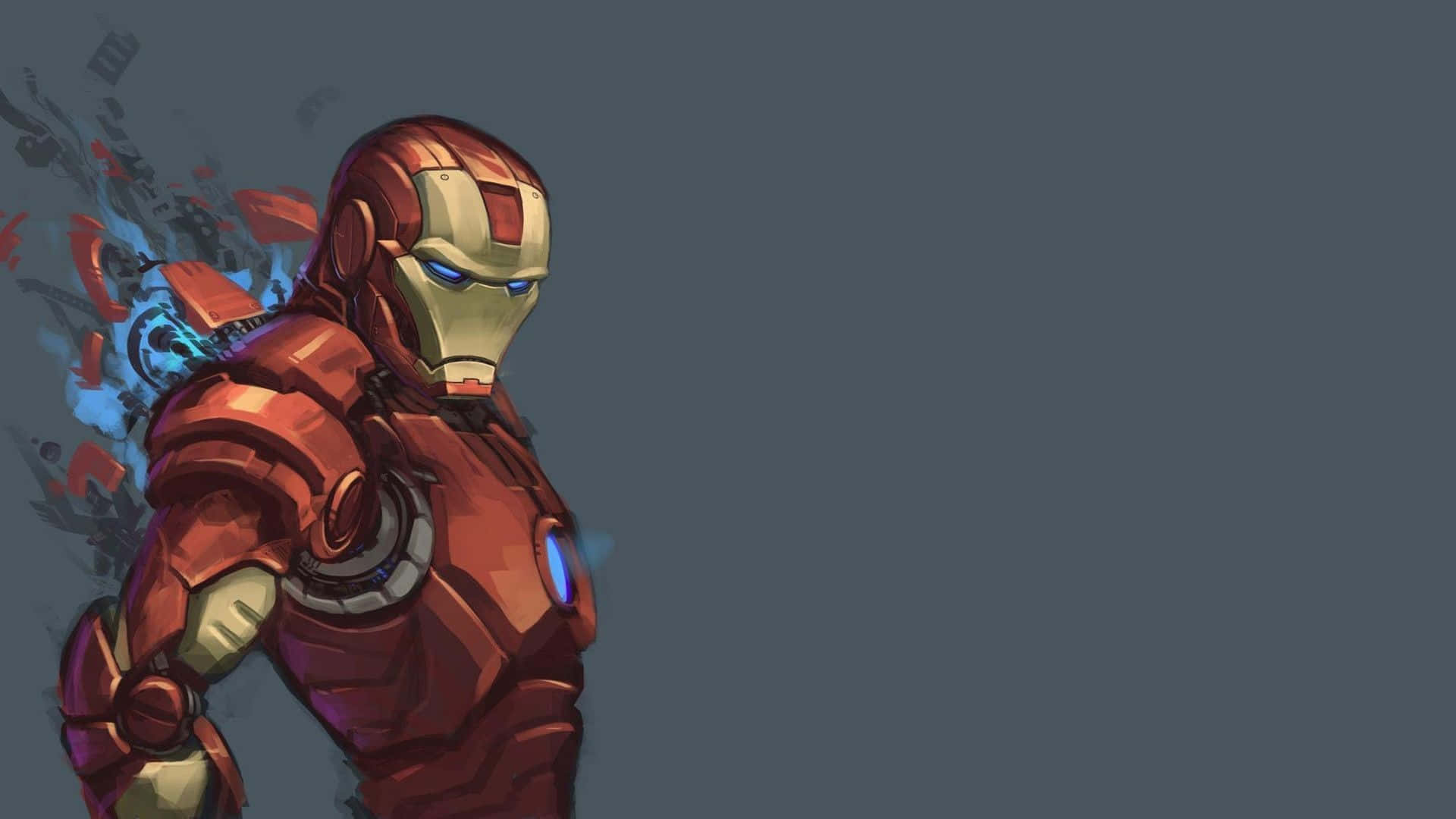 Iron Man Art 桌布 壁紙 — 身穿紅色和金色裝甲的鐵甲奇俠，在深灰色背景上擺出姿勢，藍色能量火花從他的背部飛出。