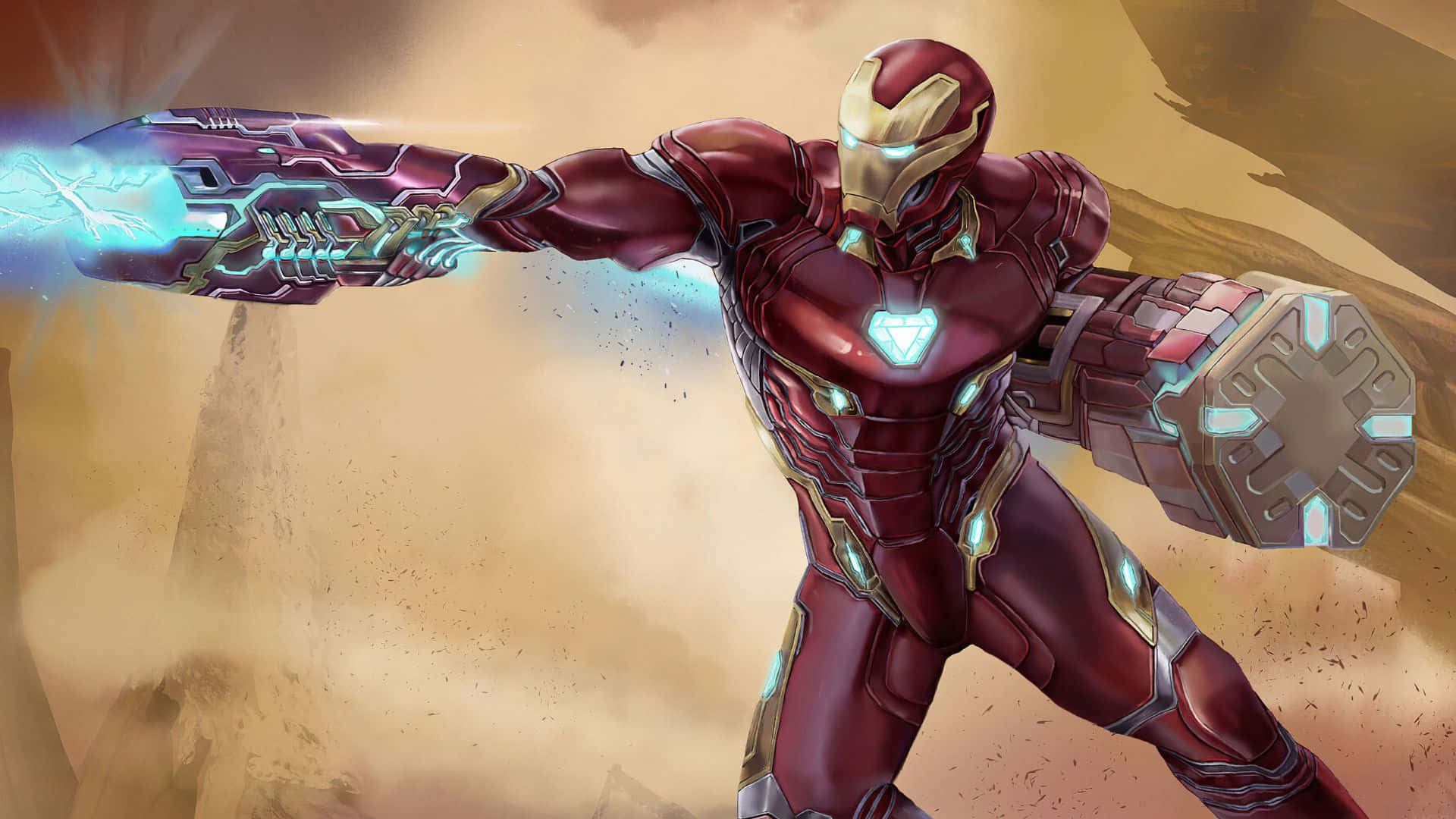 Iron Man Weapons 桌布 壁紙 — 身穿紅色和金色裝甲的鐵甲奇俠，在塵土飛揚的沙漠背景下，從他的斥力手發射發光的藍色能量衝擊波。