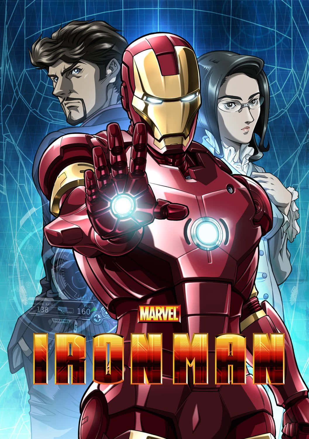 Superhero Movies 桌布 壁紙 — 身穿紅色和金色裝甲的鐵甲奇俠在藍色科技網格背景下伸出發光的手掌斥力器，身後有兩名盟友。