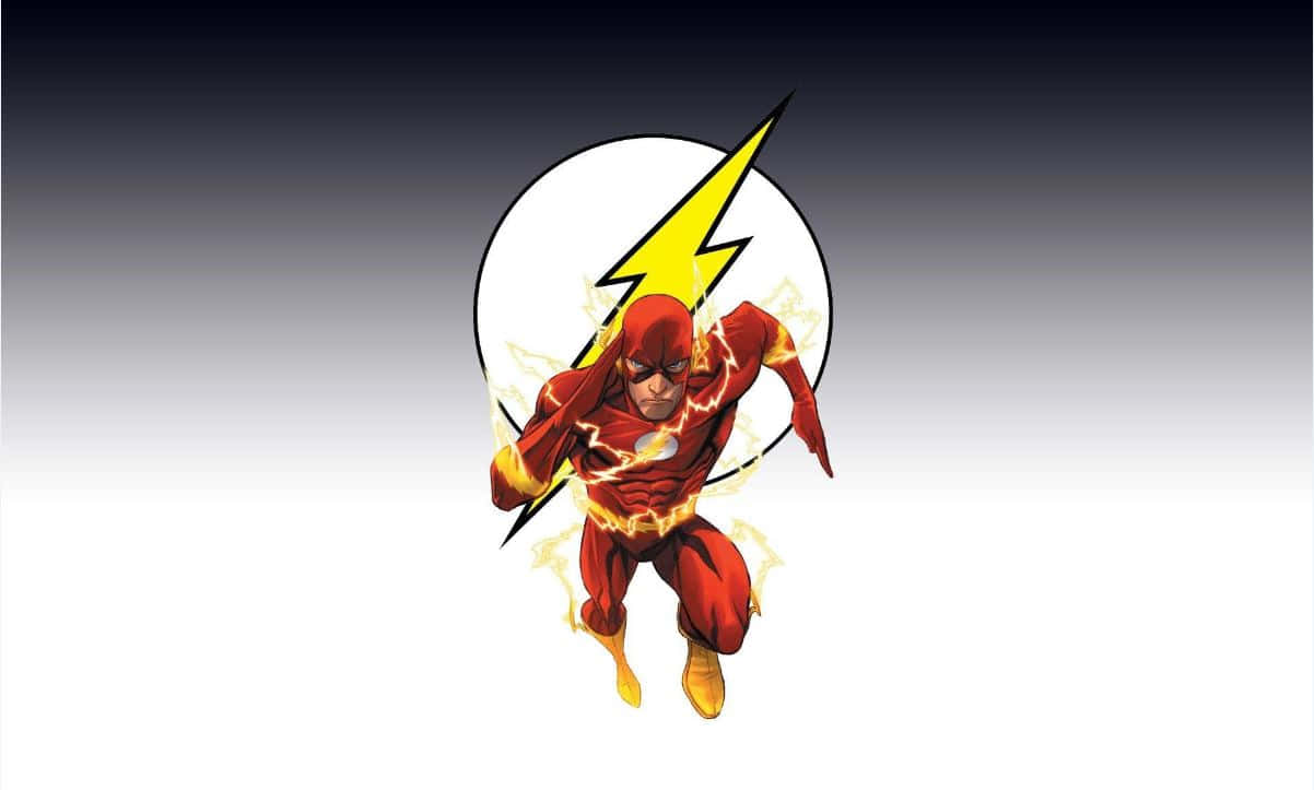 Cartoon Heroes 桌布 壁紙 — 身穿紅色戰衣、帶有黃色閃電標誌的超級英雄閃電俠，在漸變背景上動態奔跑。