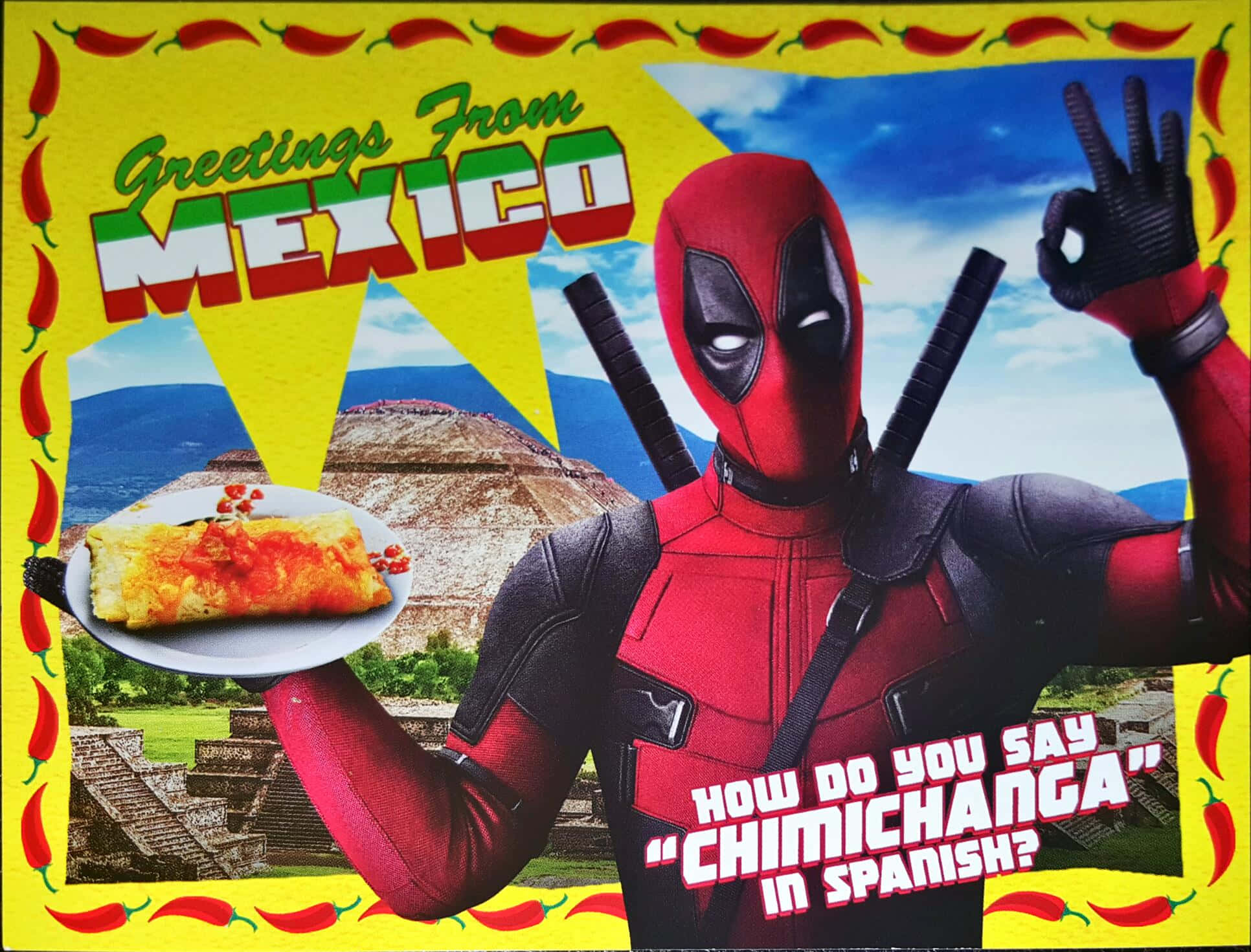 Chimichangas 桌布 壁紙 — 身穿紅色戰衣的死侍手持 chimichanga，在墨西哥遺跡背景下做出 OK 手勢，並有辣椒邊框。