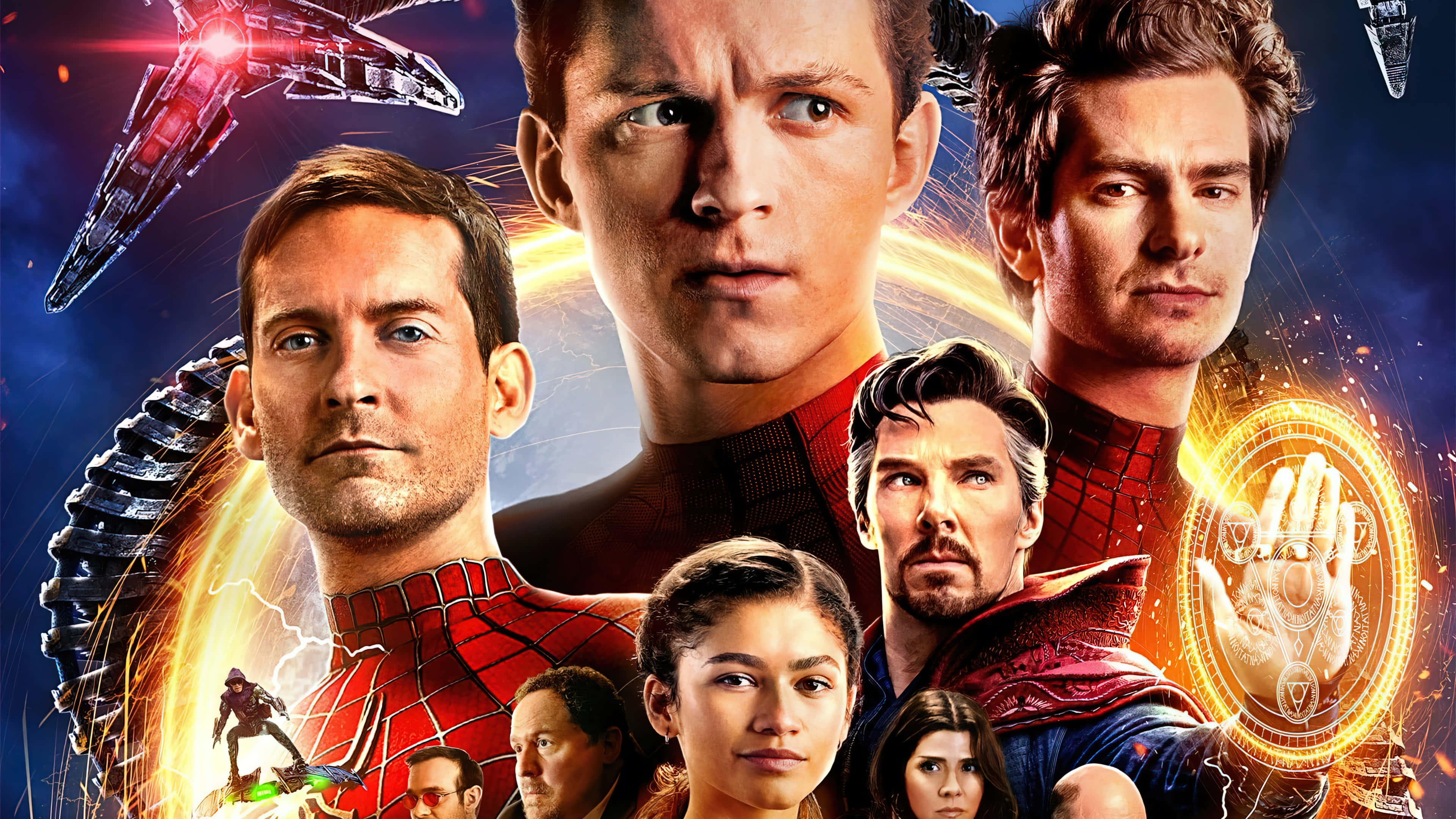 Spider Man No Way Home 桌布 壁紙 — 身穿紅色戰衣的英雄超級英雄站在宇宙背景前，伴隨著發光的能量和飛行的太空船。