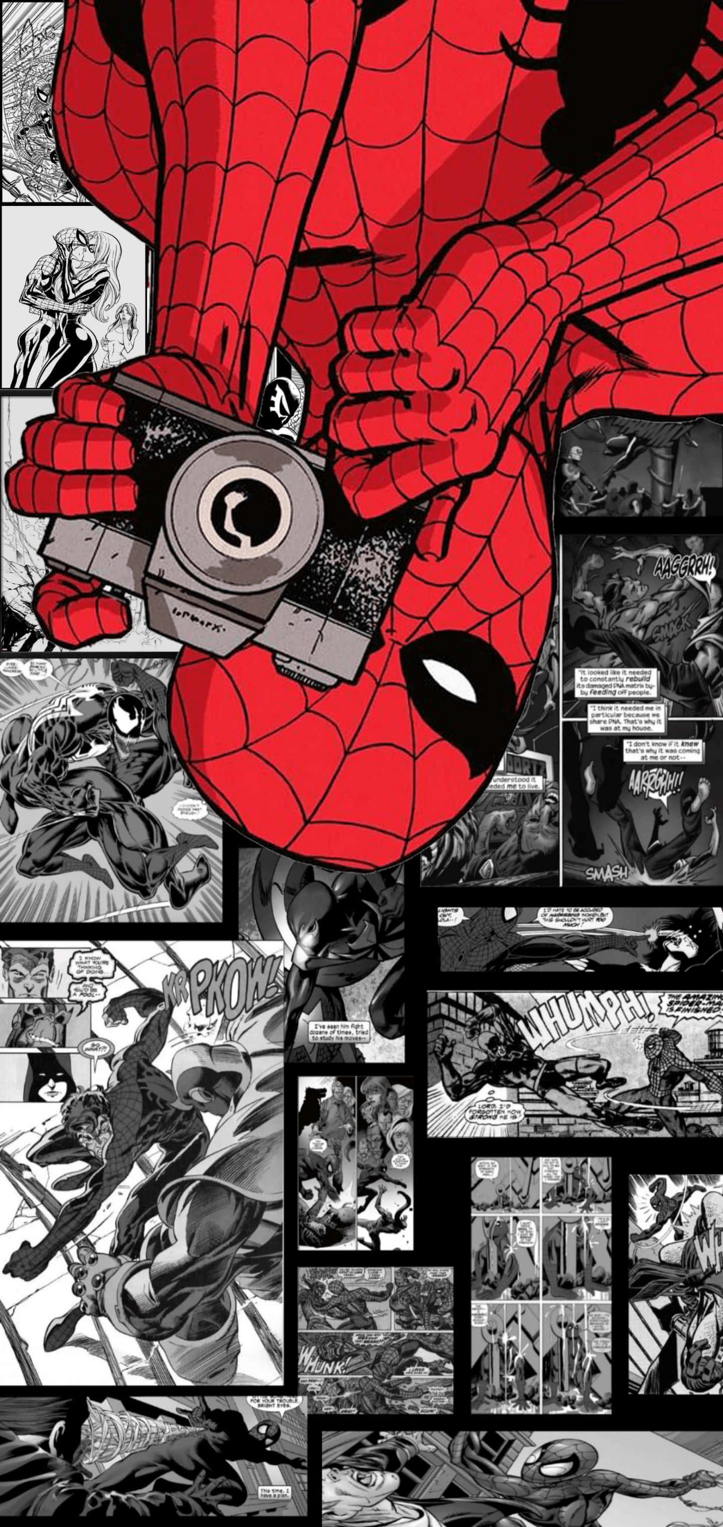 Black And White Comic 桌布 壁紙 — 身穿紅色戰衣的蜘蛛俠主宰著一個由黑白動作場景和音效組成的漫畫面板拼貼畫。
