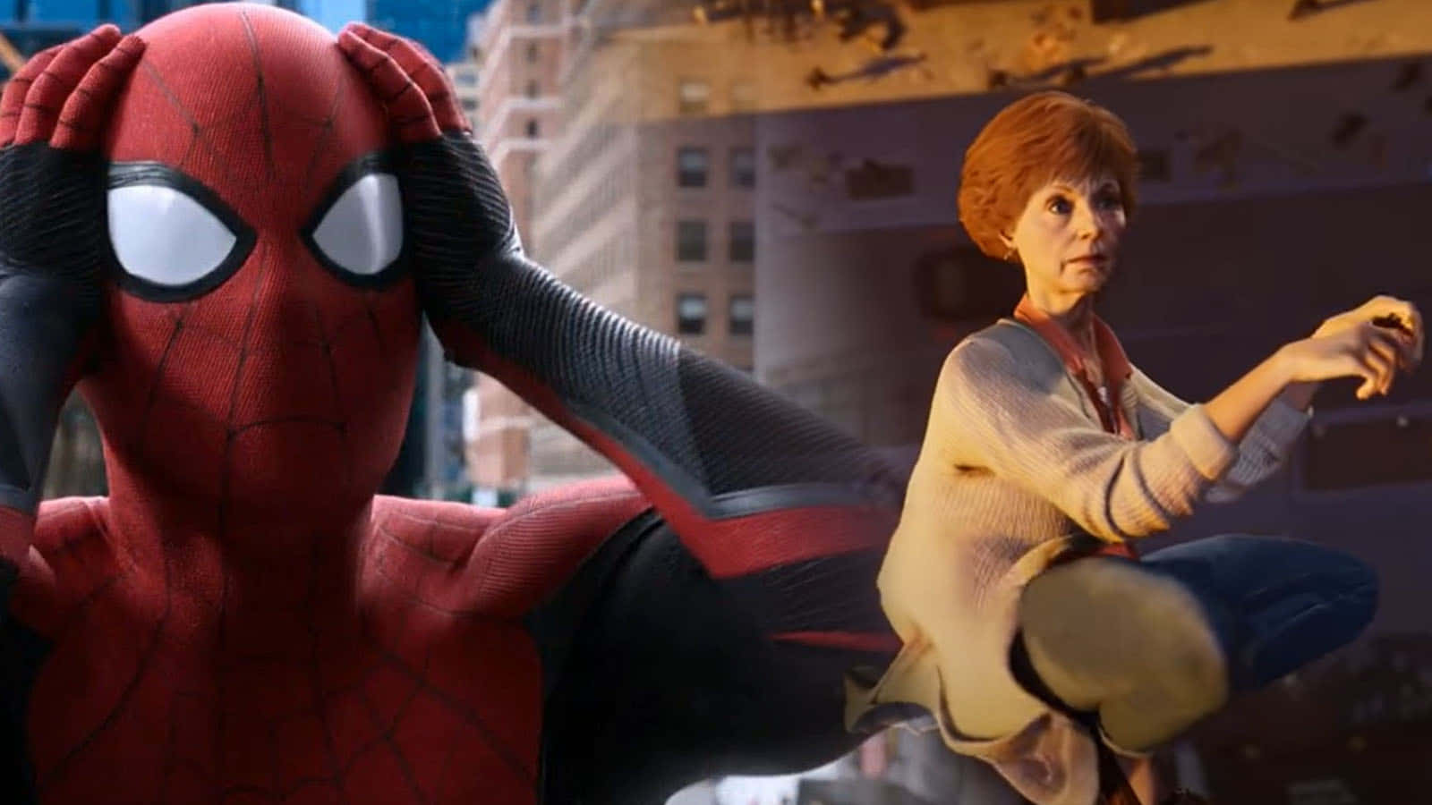 Aunt May 桌布 壁紙 — 身穿紅色戰衣的蜘蛛俠抱住頭，而一位身穿米色毛衣的老婦人漂浮在他旁邊的城市景觀中。
